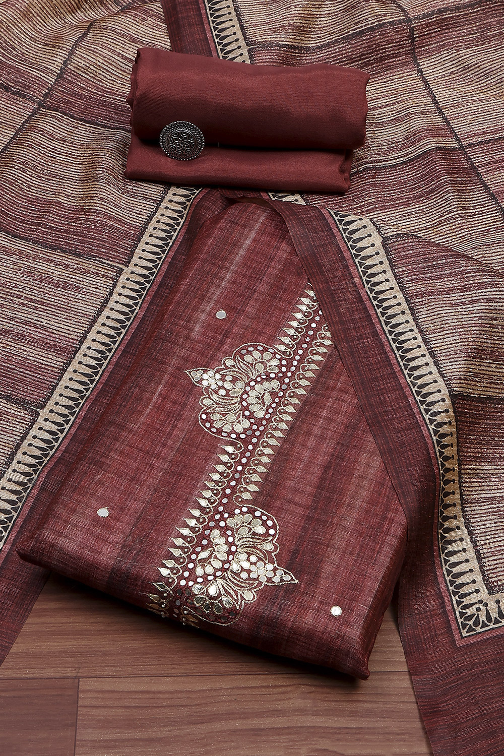 Wine Silk Blend Printed Embroidered Unstitched Suit Set image number 0