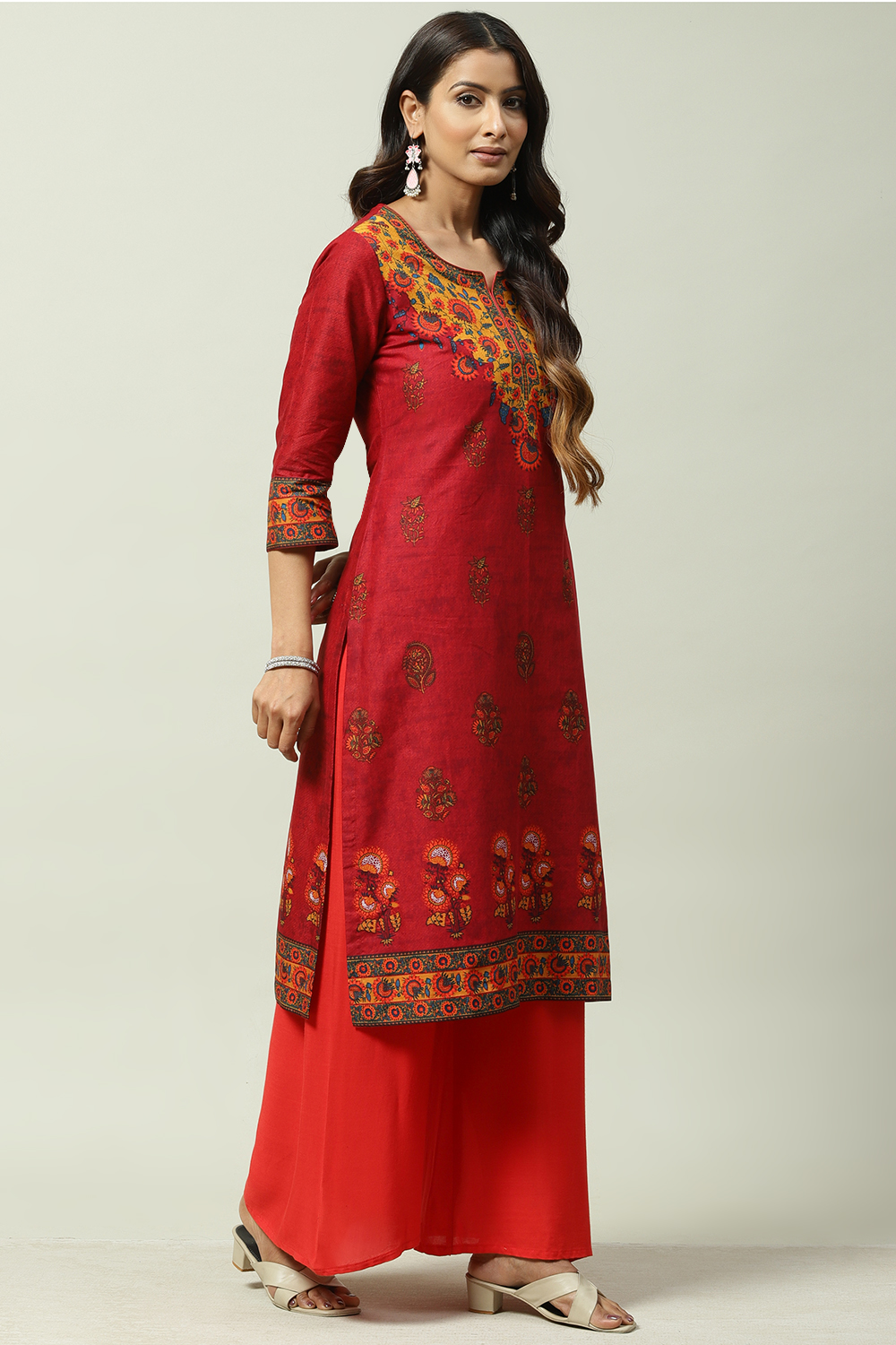 Red Cotton Straight Kurta image number 4