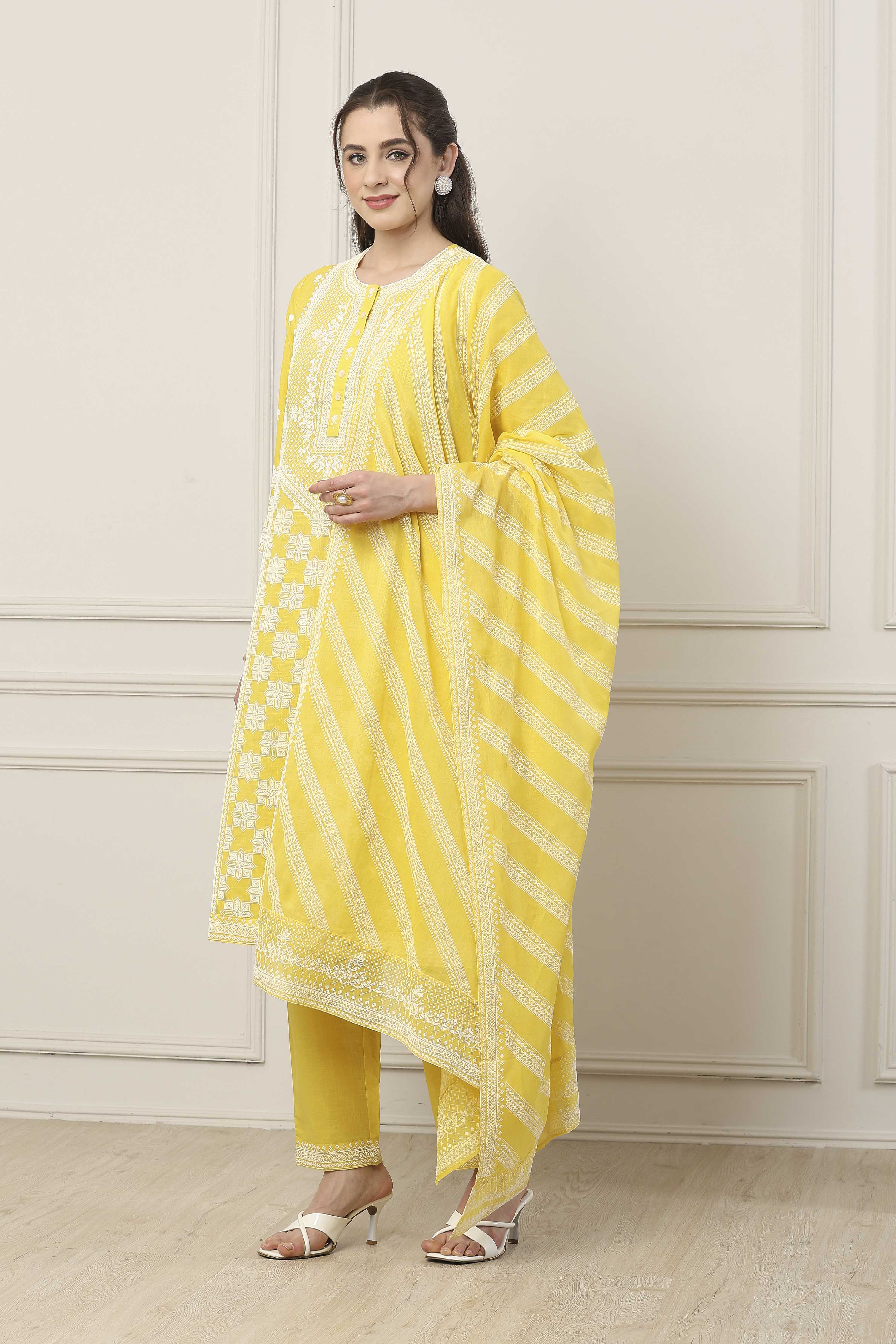 Yellow Cotton Floral Embroidered Straight Suit Set image number 3