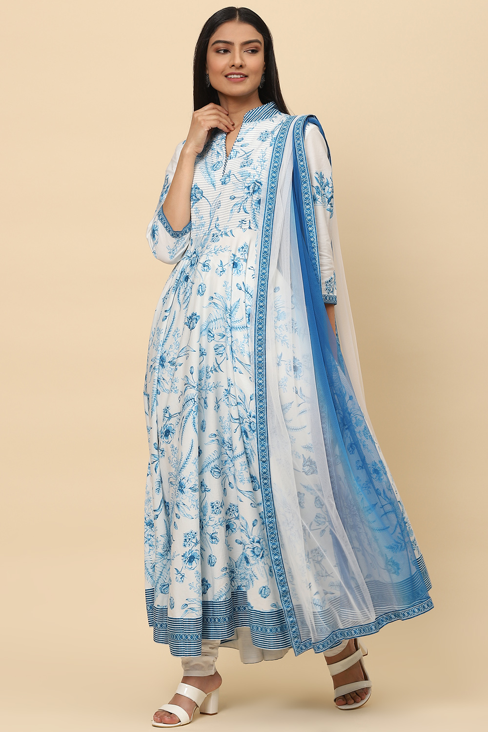 White Blue Cotton Anarkali Kurta Churidar Suit Set image number 0