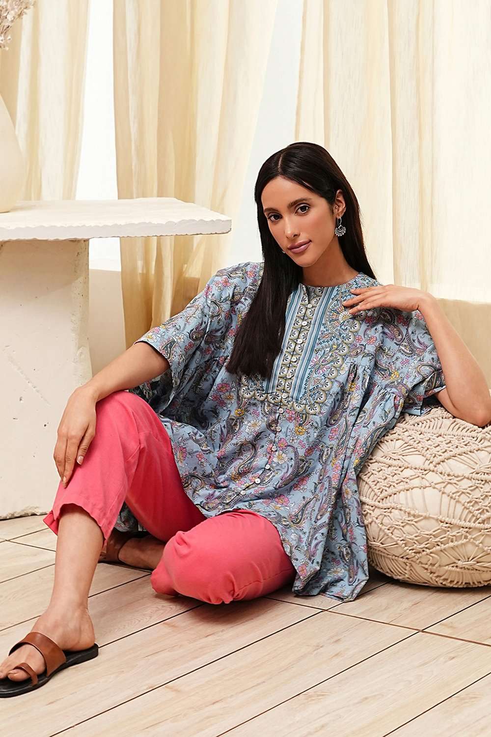 Dull Blue Cotton Flared Short Kurta image number 0
