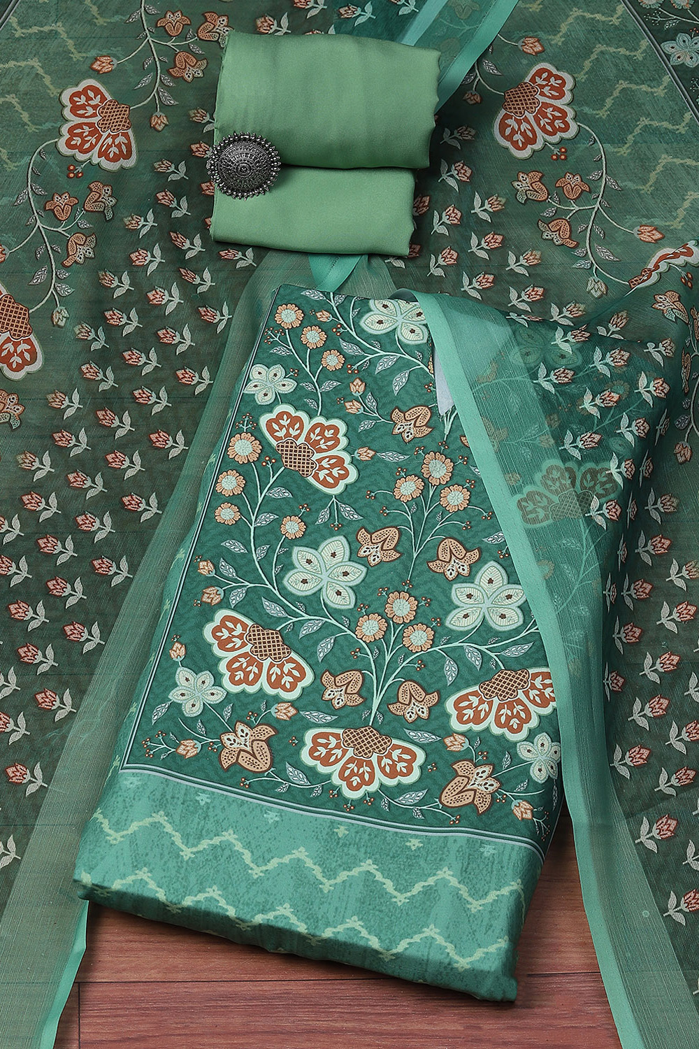 Green Cotton Blend Digital Print Unstitched Suit Set image number 0