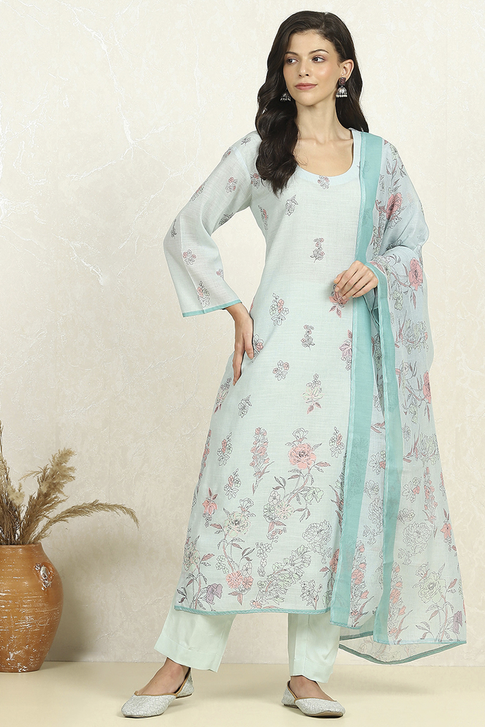Sea Green Linen Unstitched Suit Set image number 7