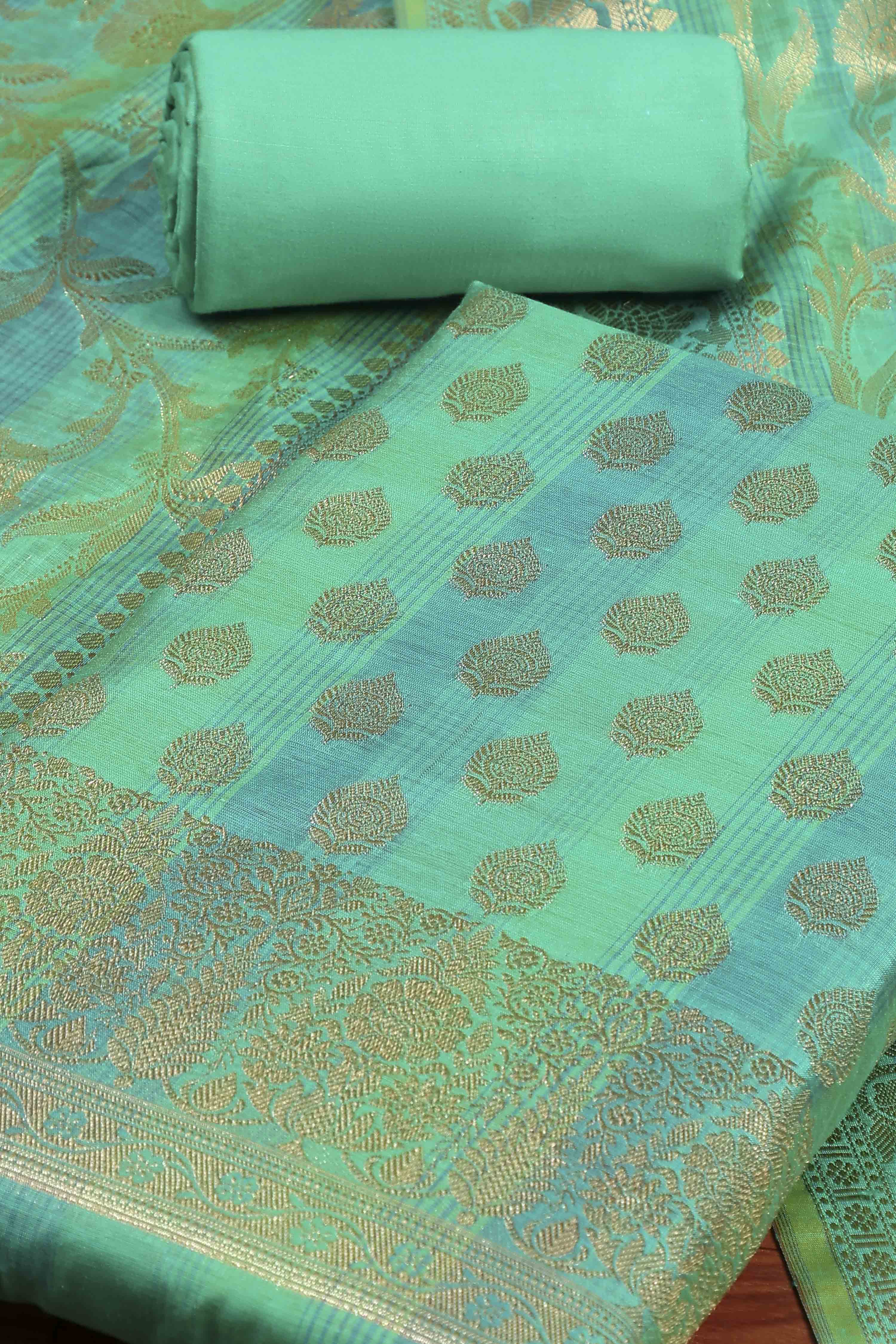 Firozi Chanderi Gold Motif Unstitched Suit Set image number 1