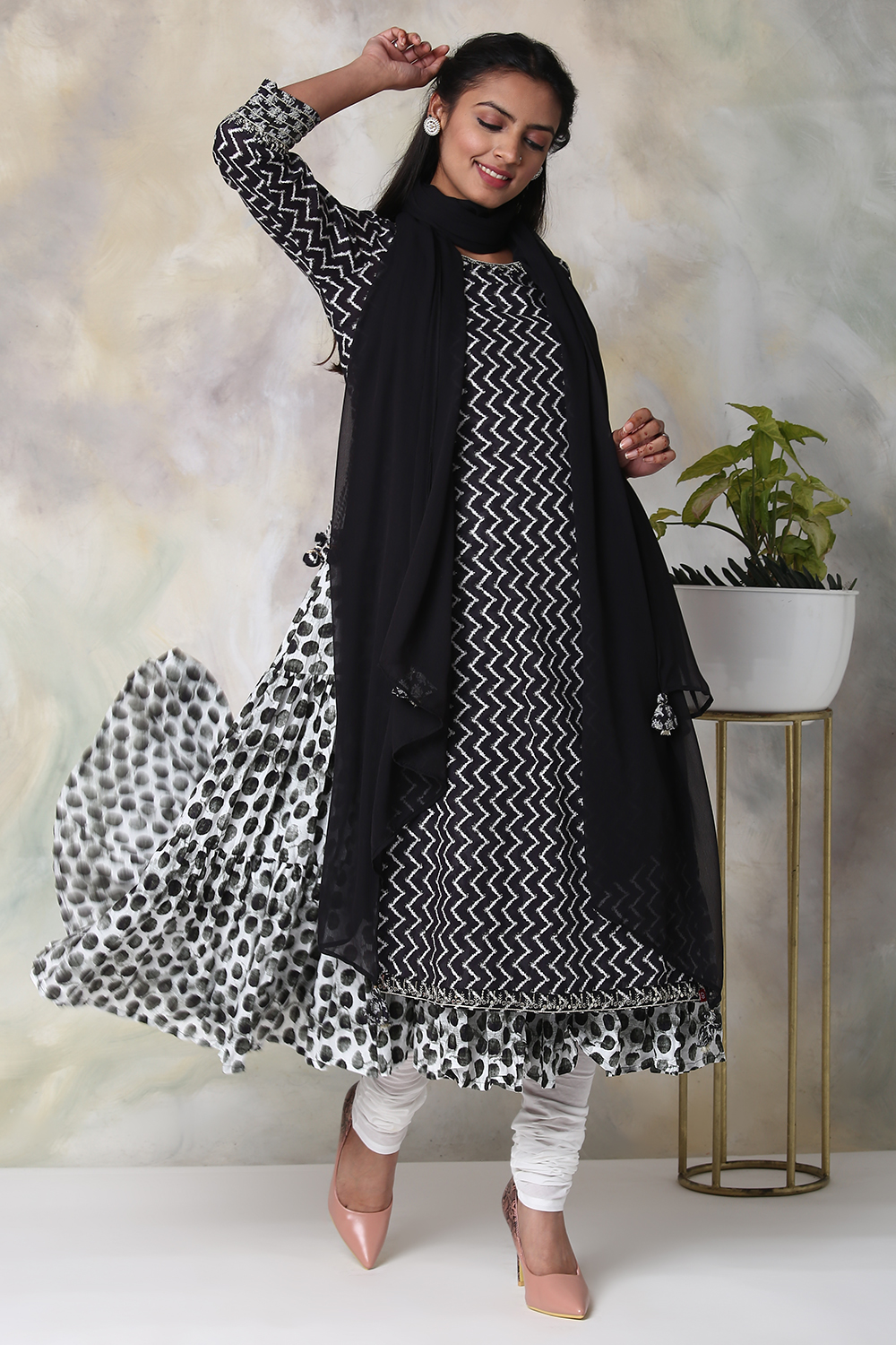 Black Cotton Double Layered Kurta Churidar Suit Set image number 0