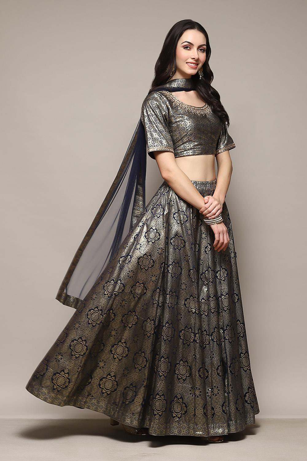 Navy Blue Polyester Straight Kurta Lehenga Set image number 6