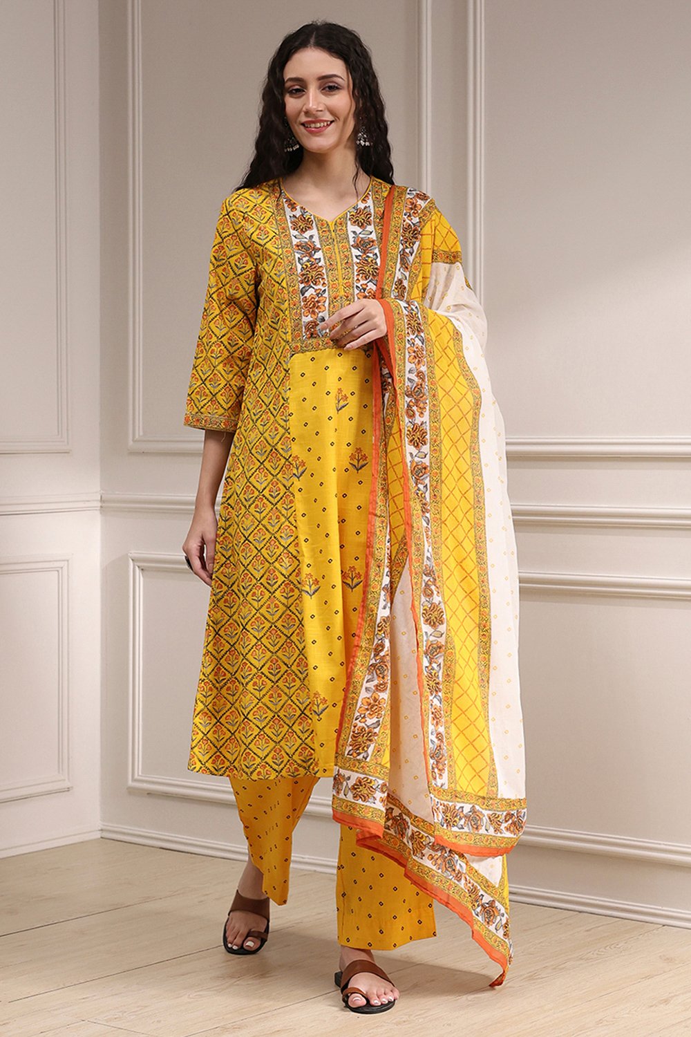 Beige Cotton Printed A-Line Suit Set image number 0