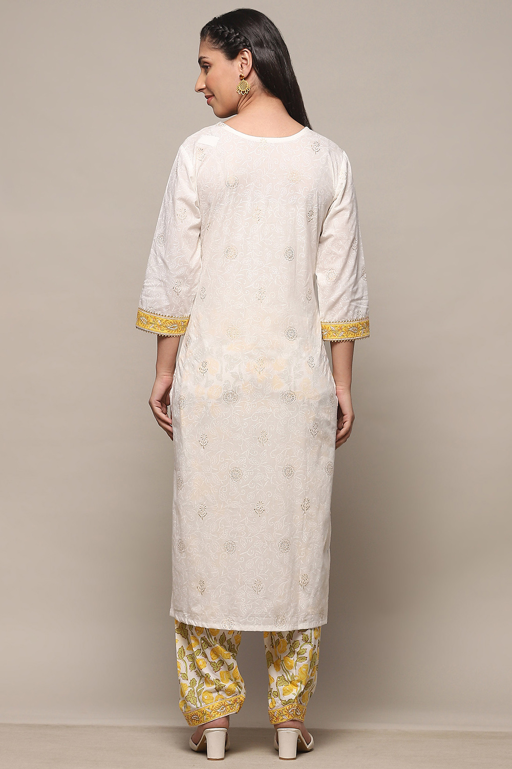 Yellow White Cotton Unstitched Suit set image number 6