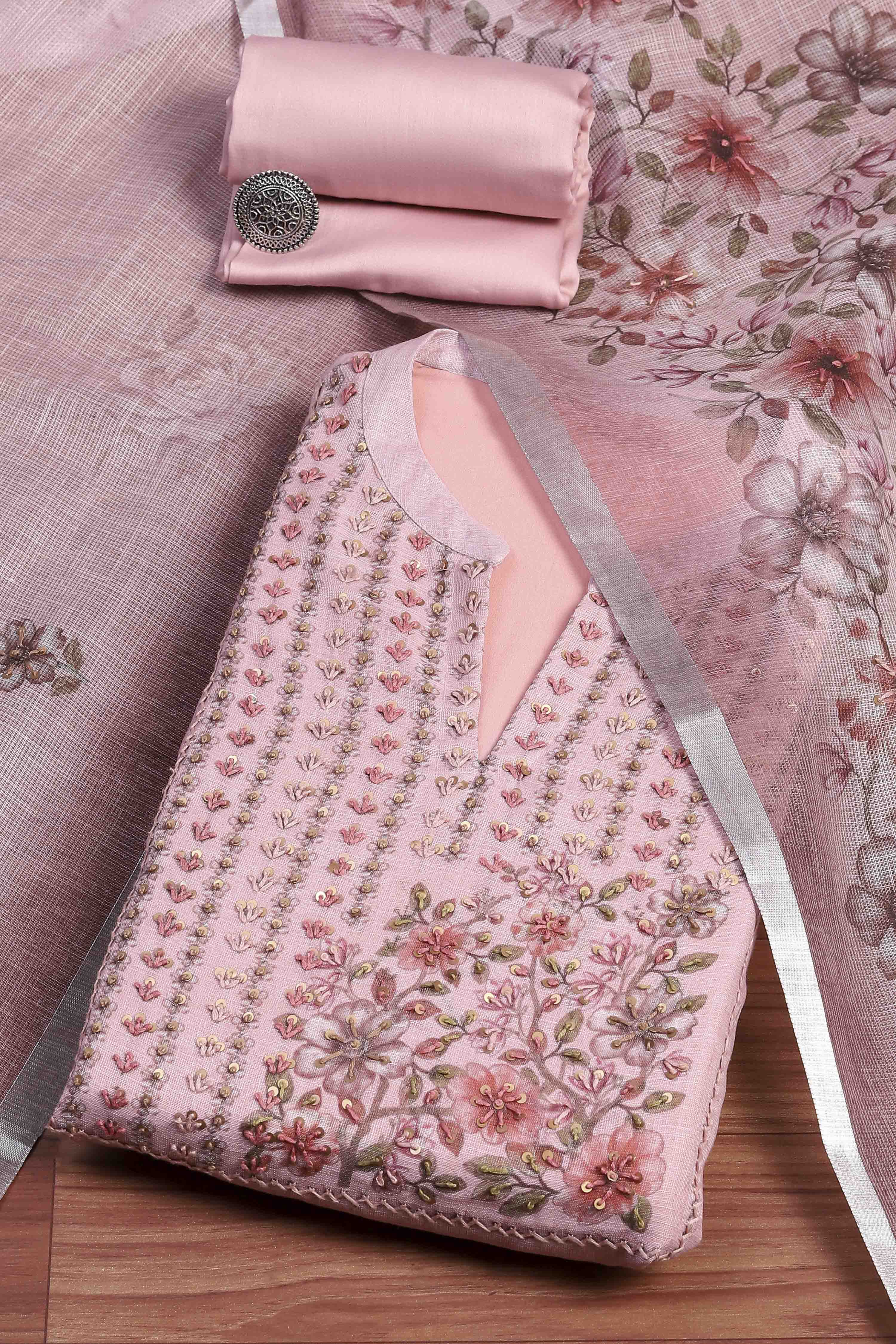 Pink Linen Blend Hand Embroidered Unstitched Suit Set image number 0