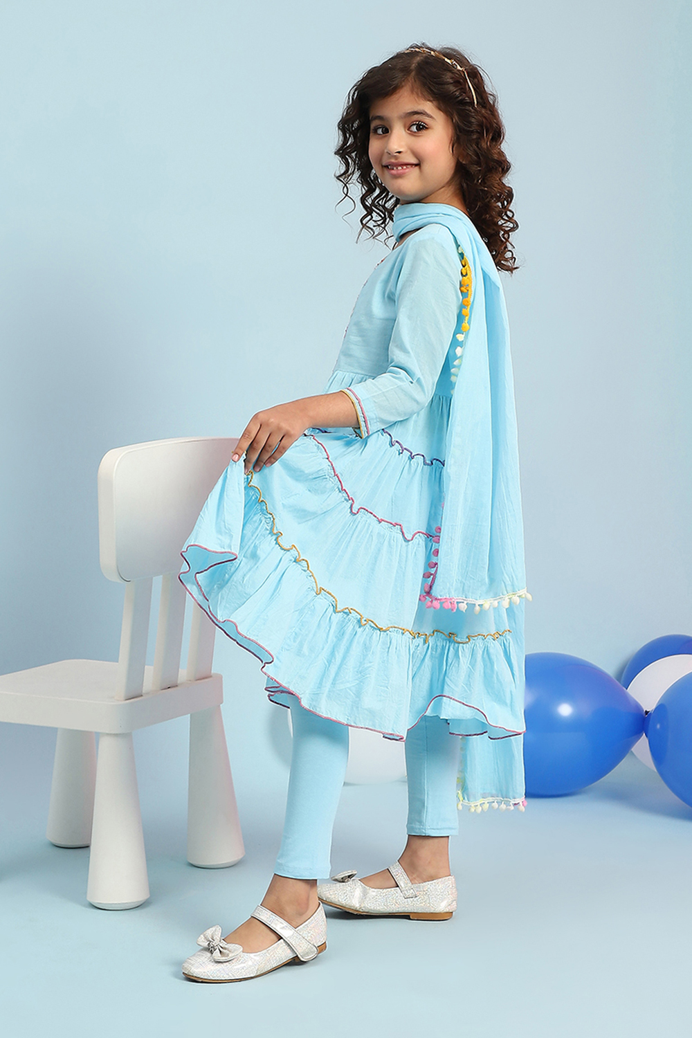 Blue Cotton Tiered Kurta Churidar Suit Set image number 3