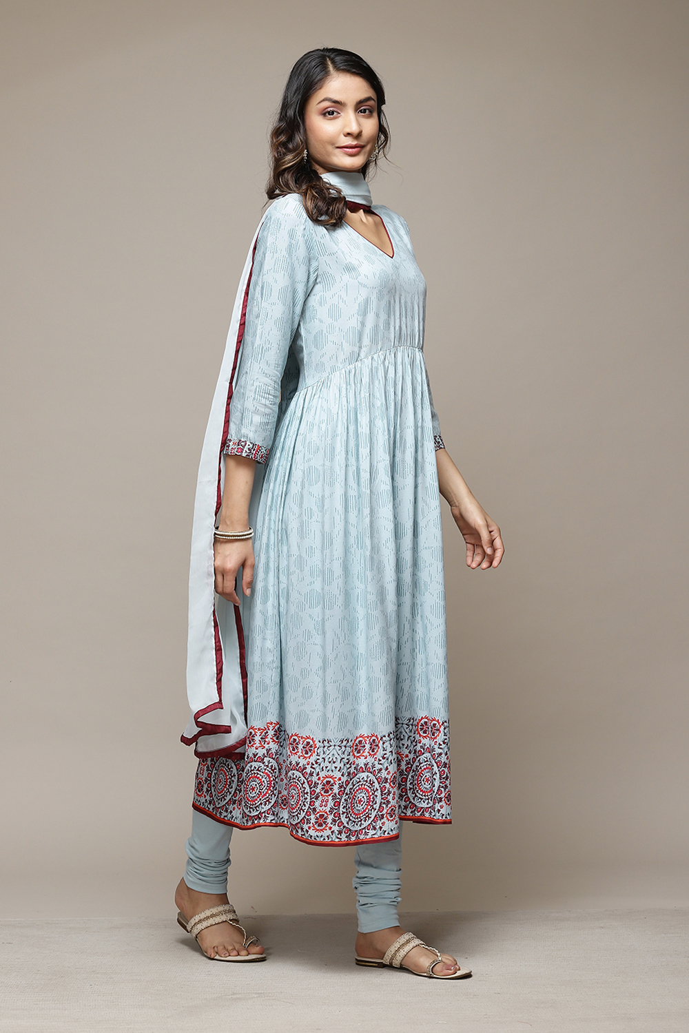 Buy Powder Blue Rayon Gathered Kurta Churidar Suit Set for INR2099.30 ...