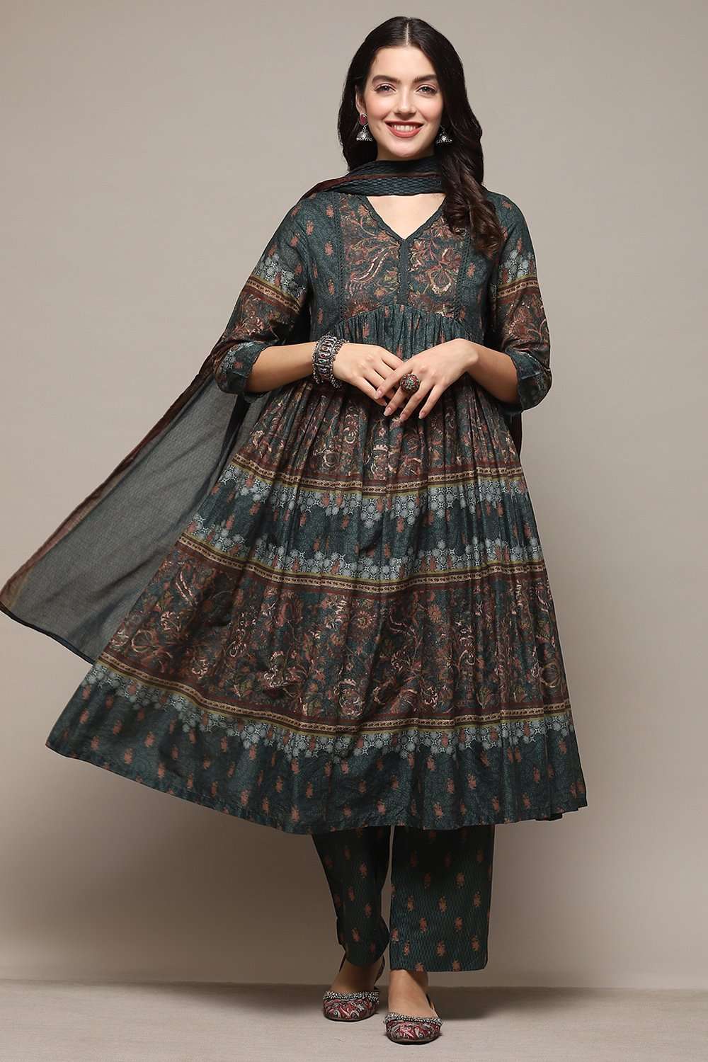 Dark Green Voile Anarkali Kurta Pant Suit Set image number 0