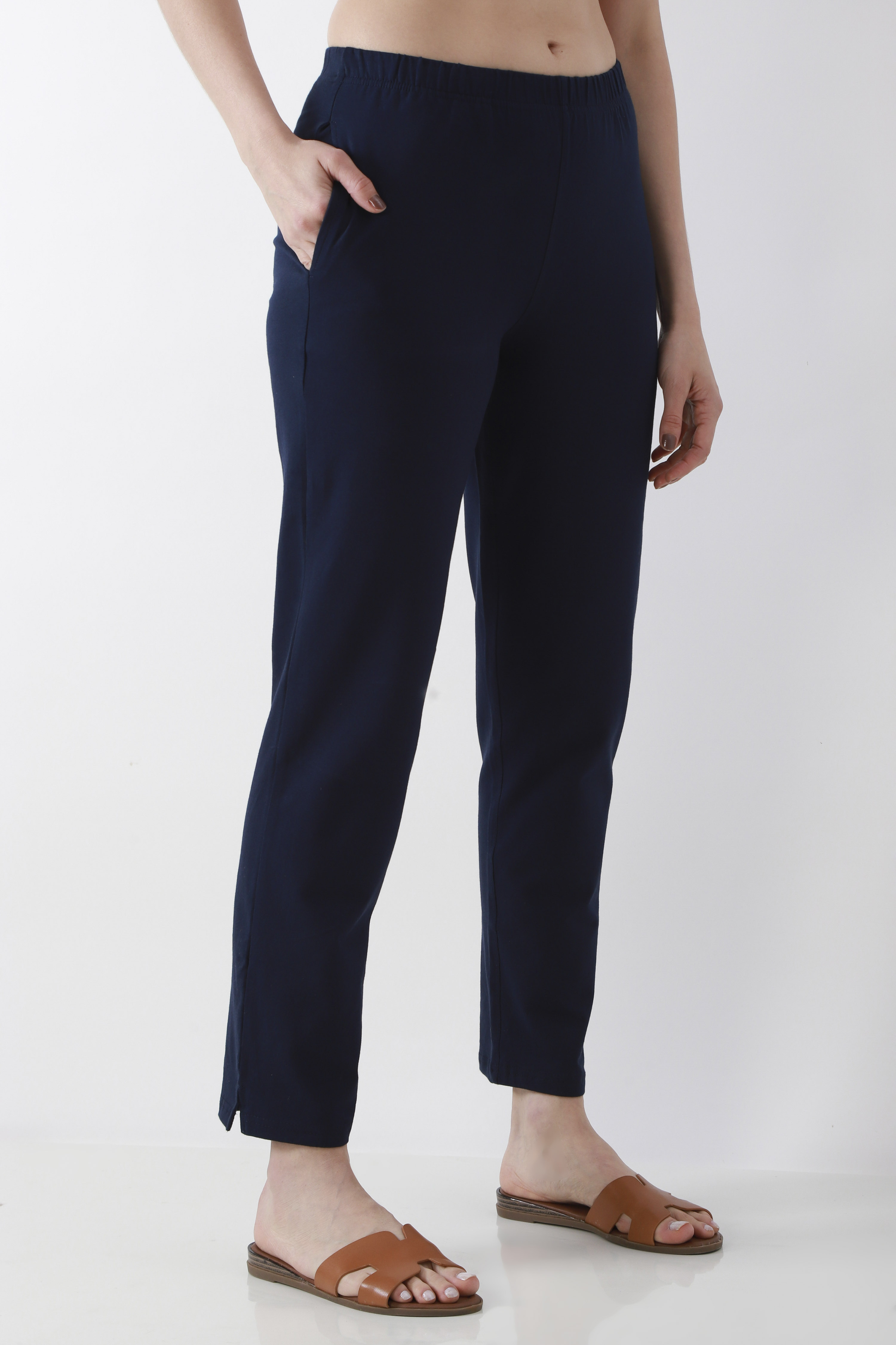 Blue Cotton Lycra Straight Pants image number 3