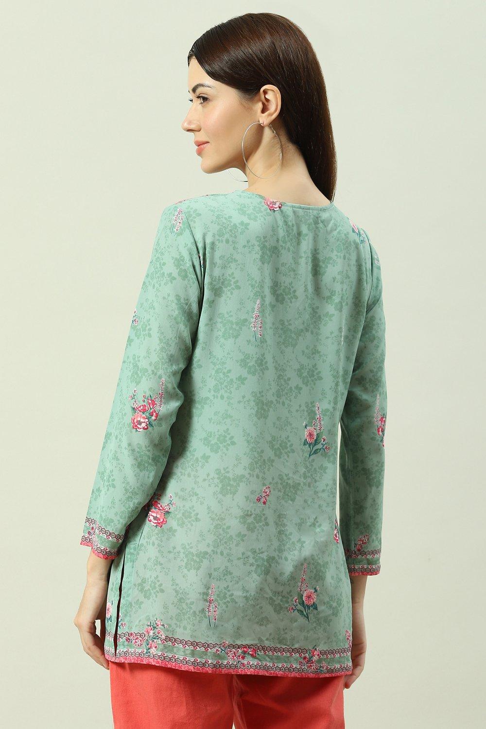 Sea Green Polyester Straight Printed Kurti image number 4