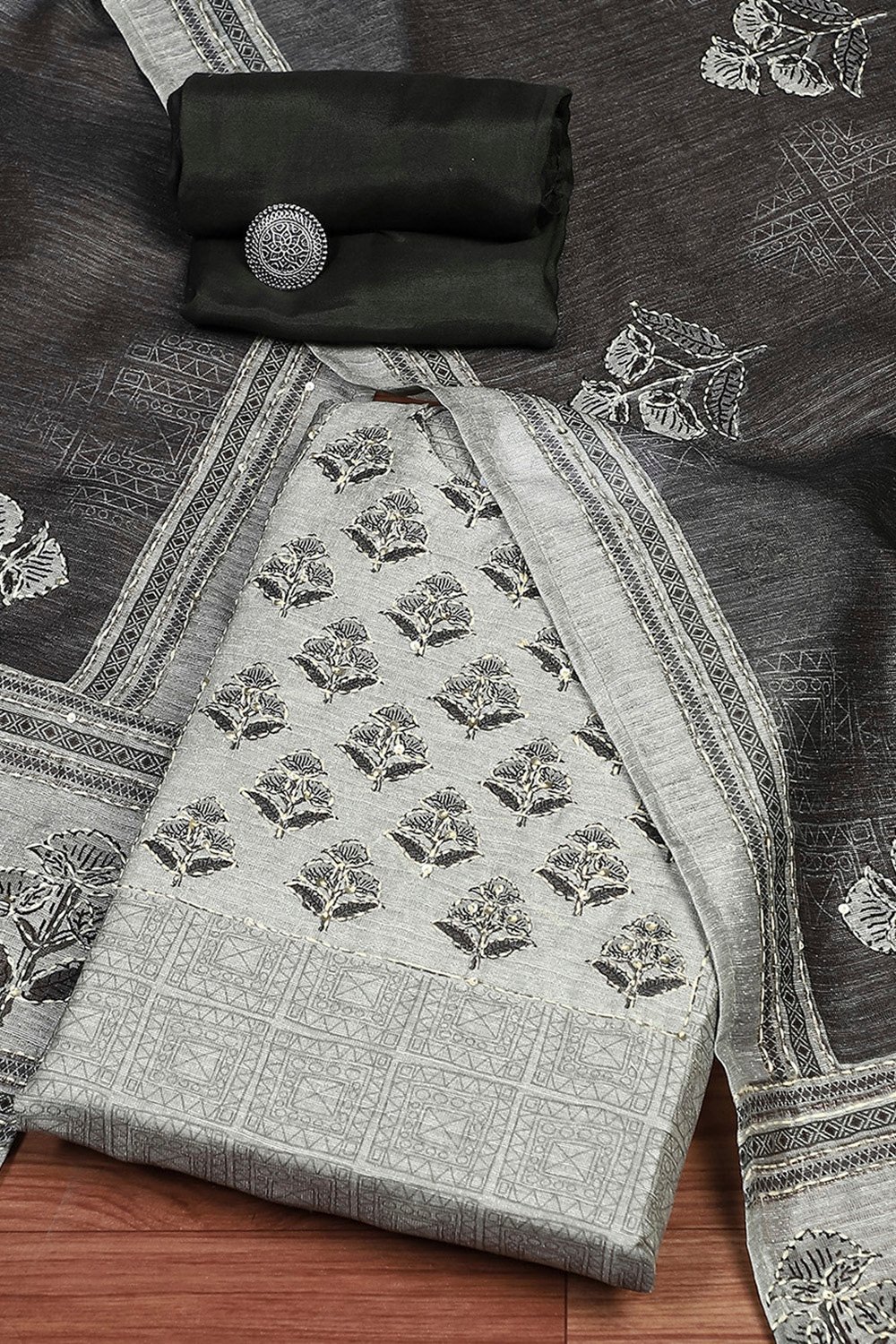 Grey Silk Blend Digital Print Unstitched Suit Set image number 0