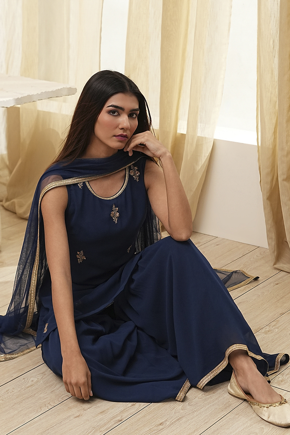 Ochre Yellow Embroidered Straight Suit Set image number 0