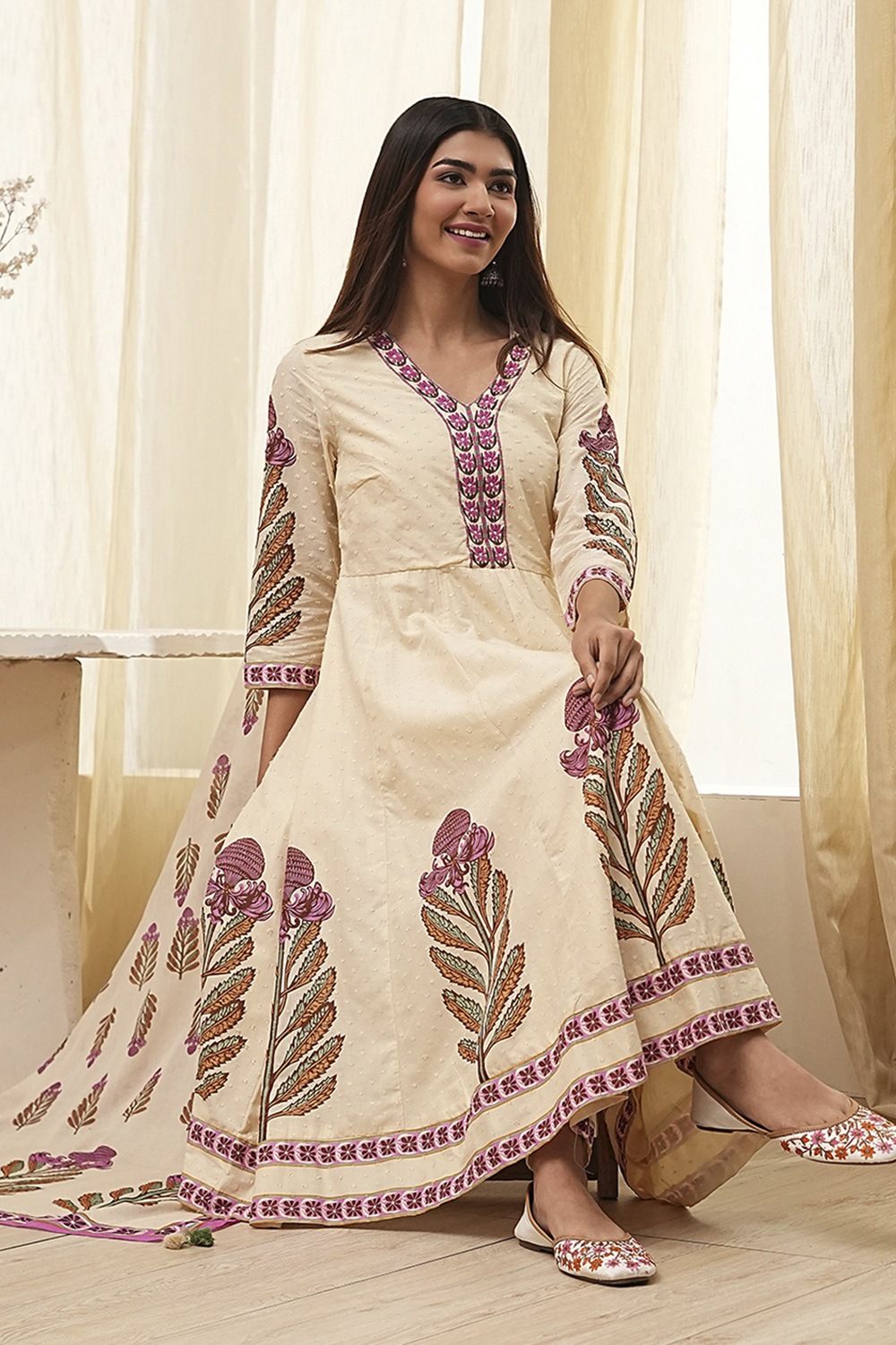 Beige Cotton Printed Anarkali Suit Set image number 0