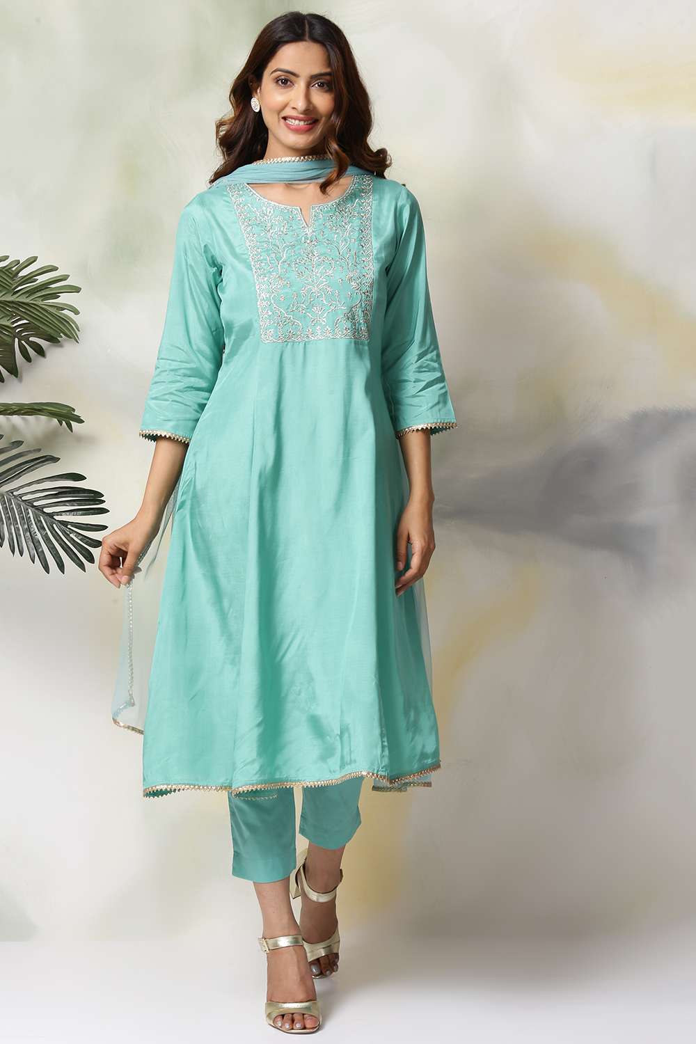 Mehandi Green Viscose Kalidar Kurta Slim Pants Suit Set image number 0