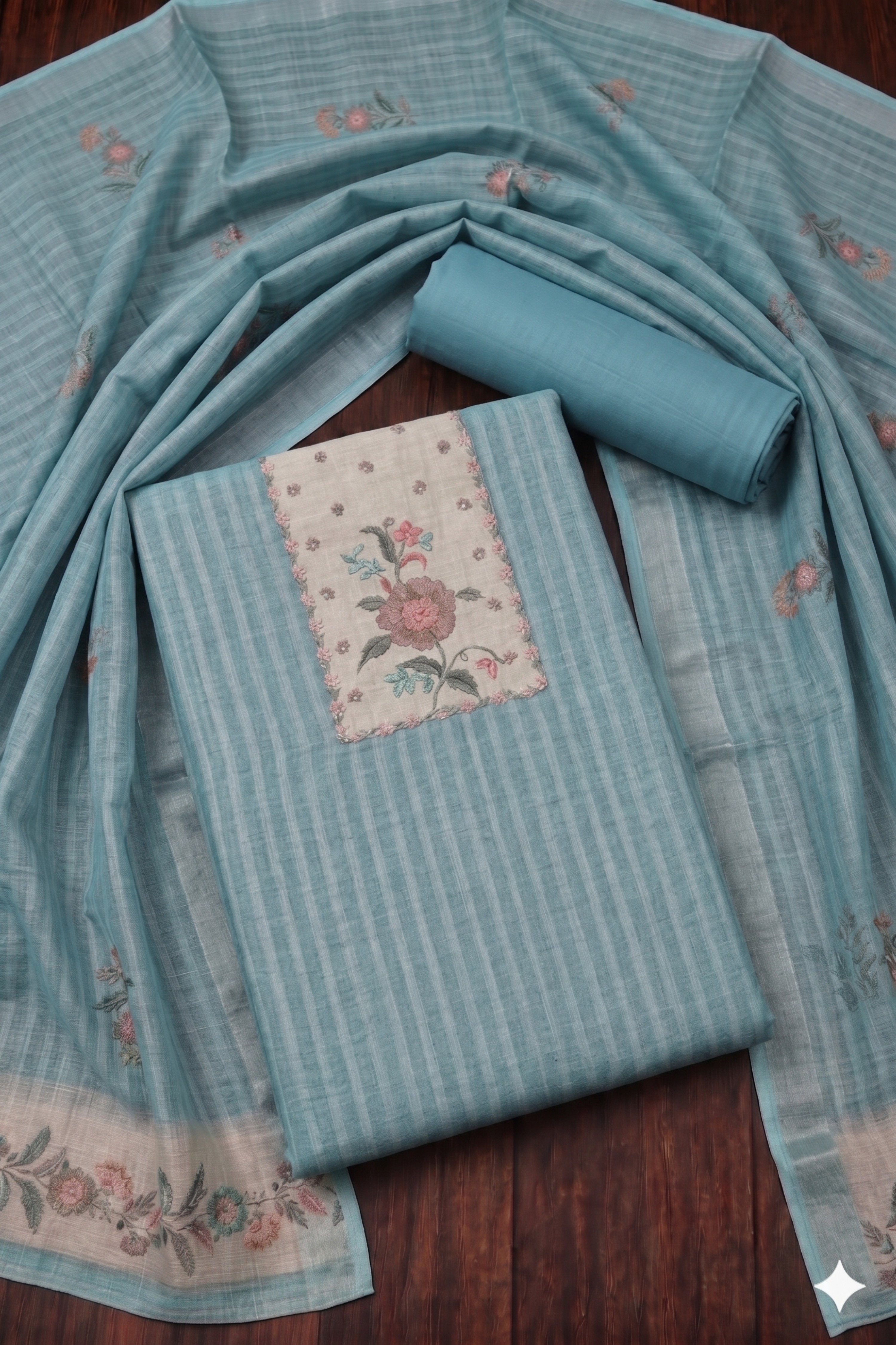Blue Linen Stripe With Handwork Unstitched Suit Set image number 0