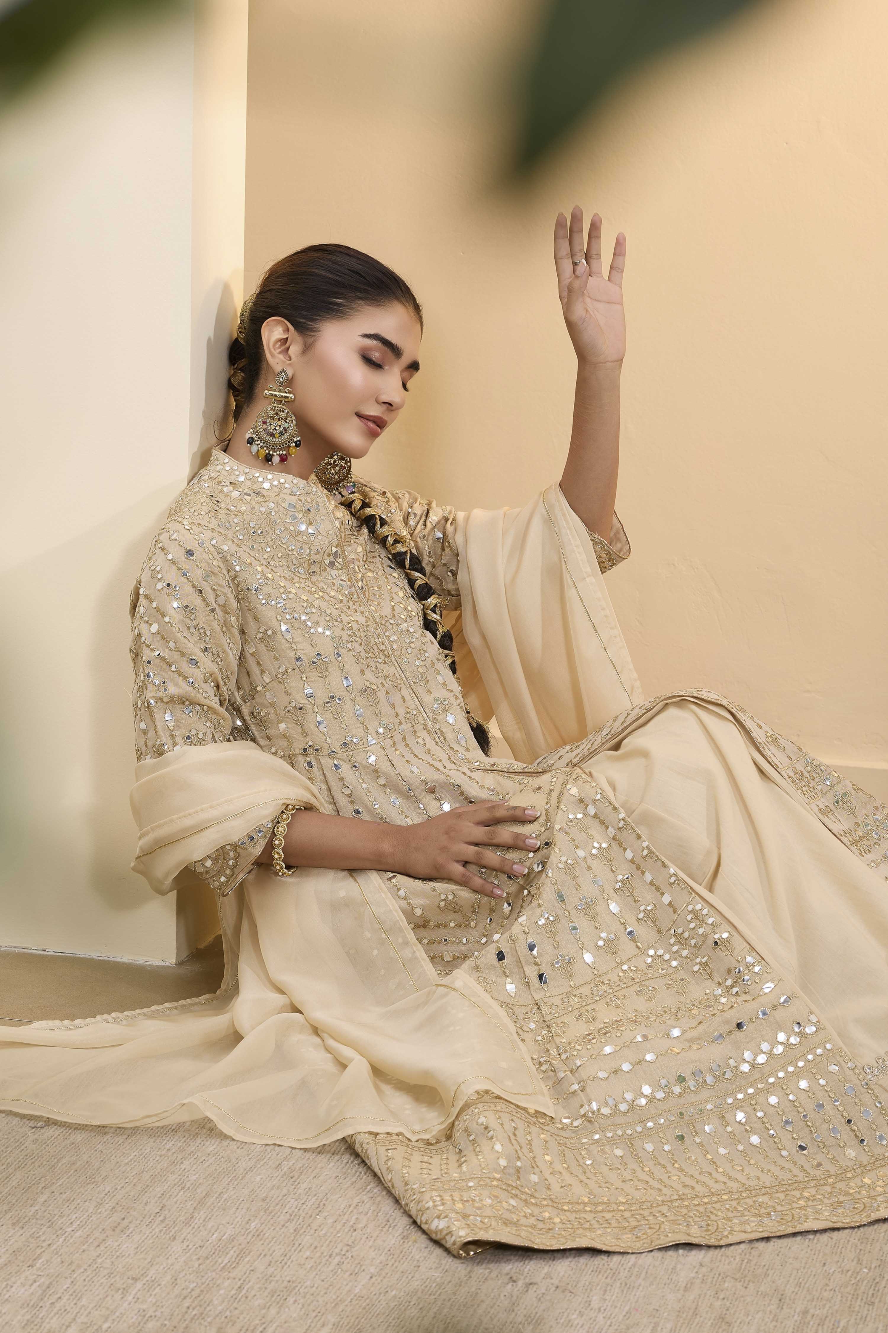 Beige Cotton Zari Tissue Kalidar Suit Set image number 1
