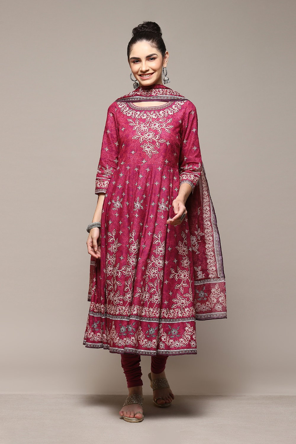 Onion Pink Cotton Anarkali Kurta Churidar Suit Set image number 7