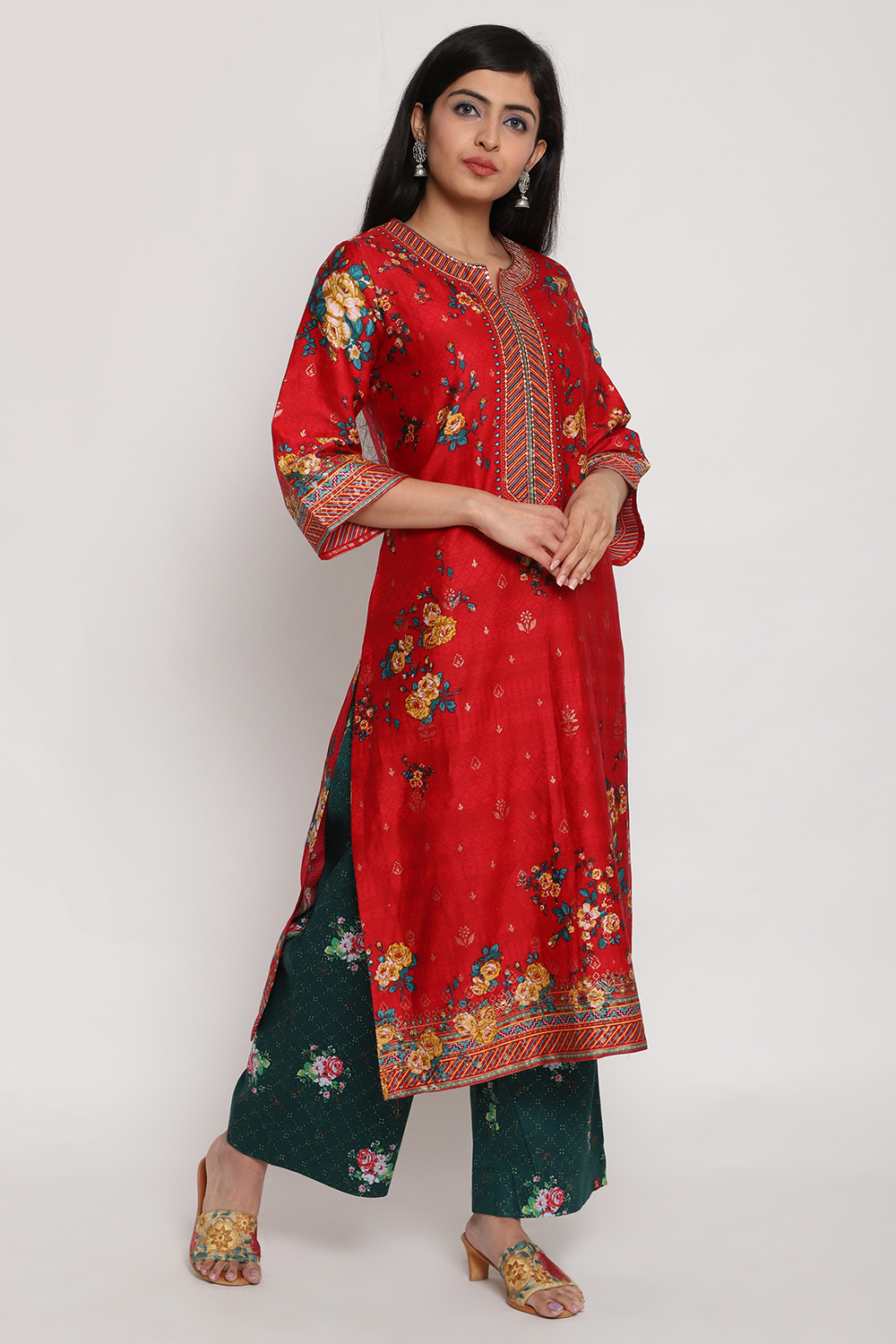 Red Cotton Straight Printed Kurta image number 0