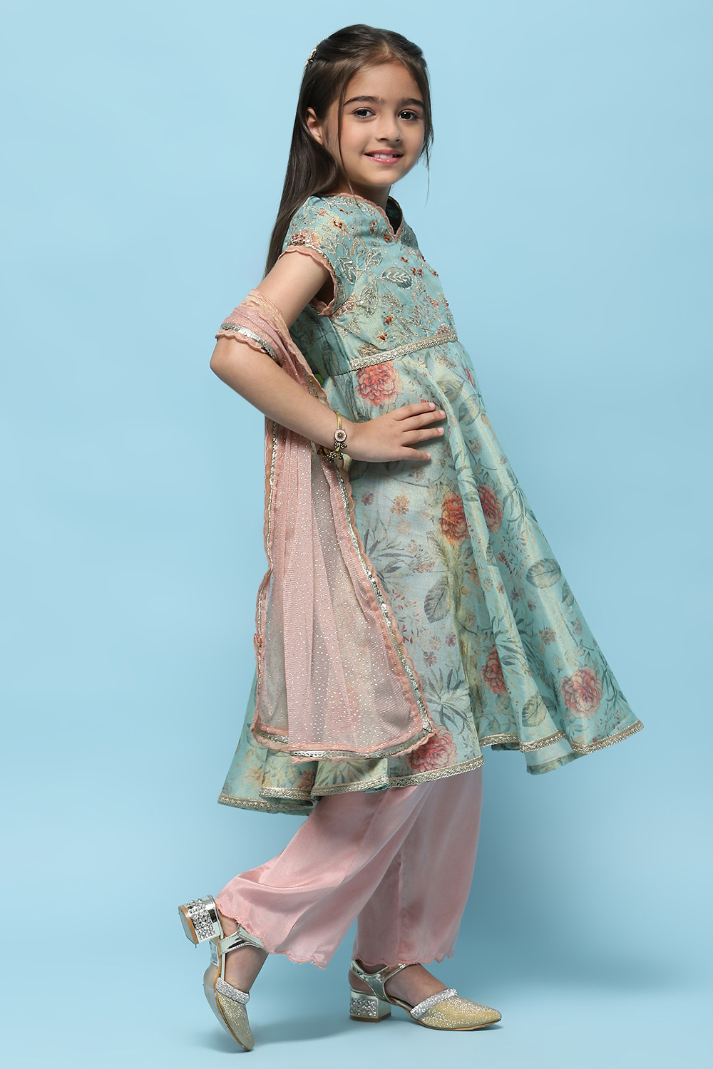  Green Cotton Tissue Anarkali With Palazzo & Net Dupatta image number 6