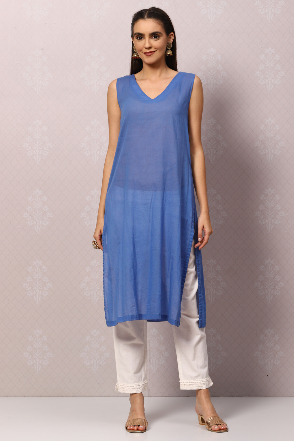 White And Blue Cotton Kaftan Set image number 1