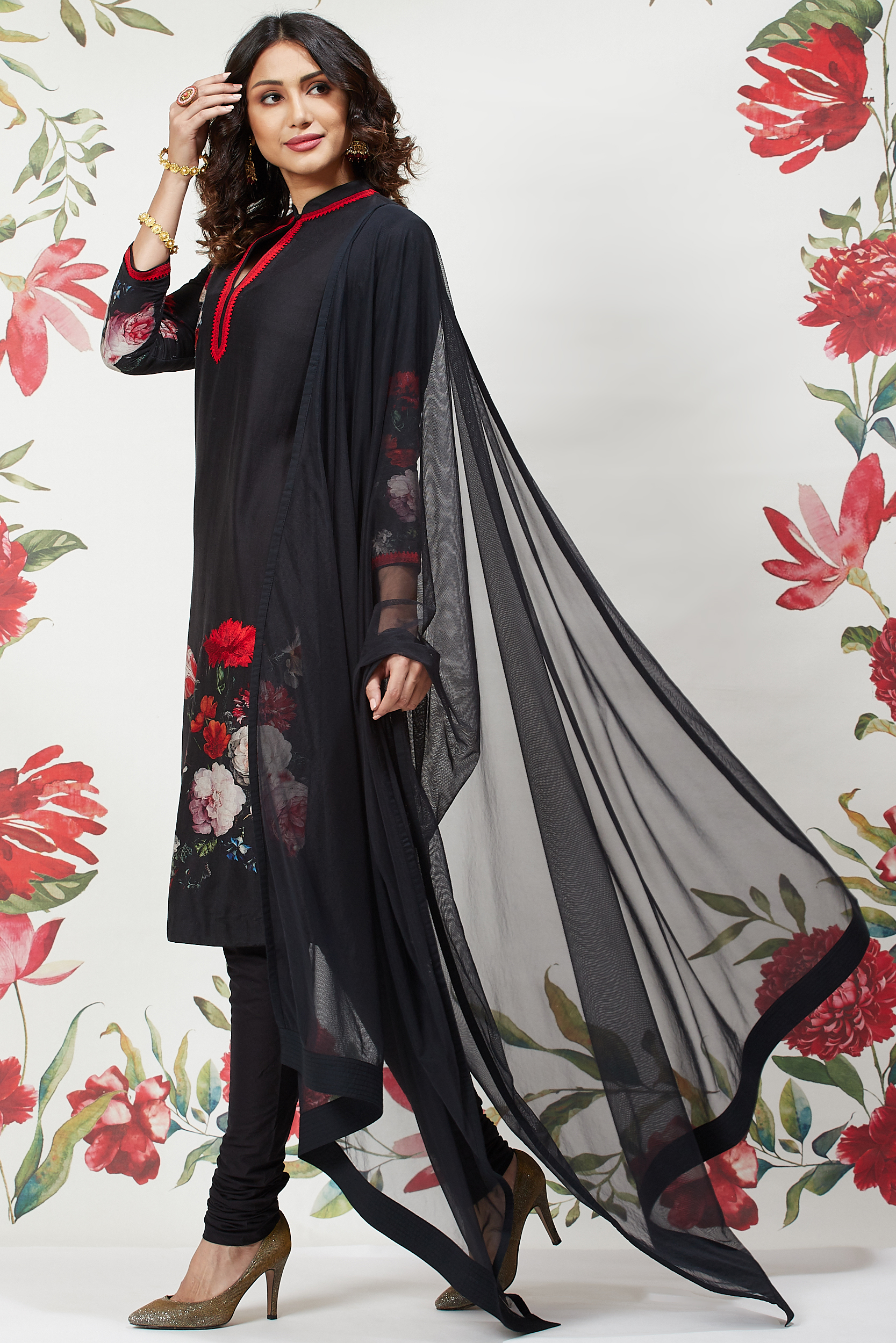 Rohit Bal Black Cotton Silk Straight Printed Suit Set image number 5