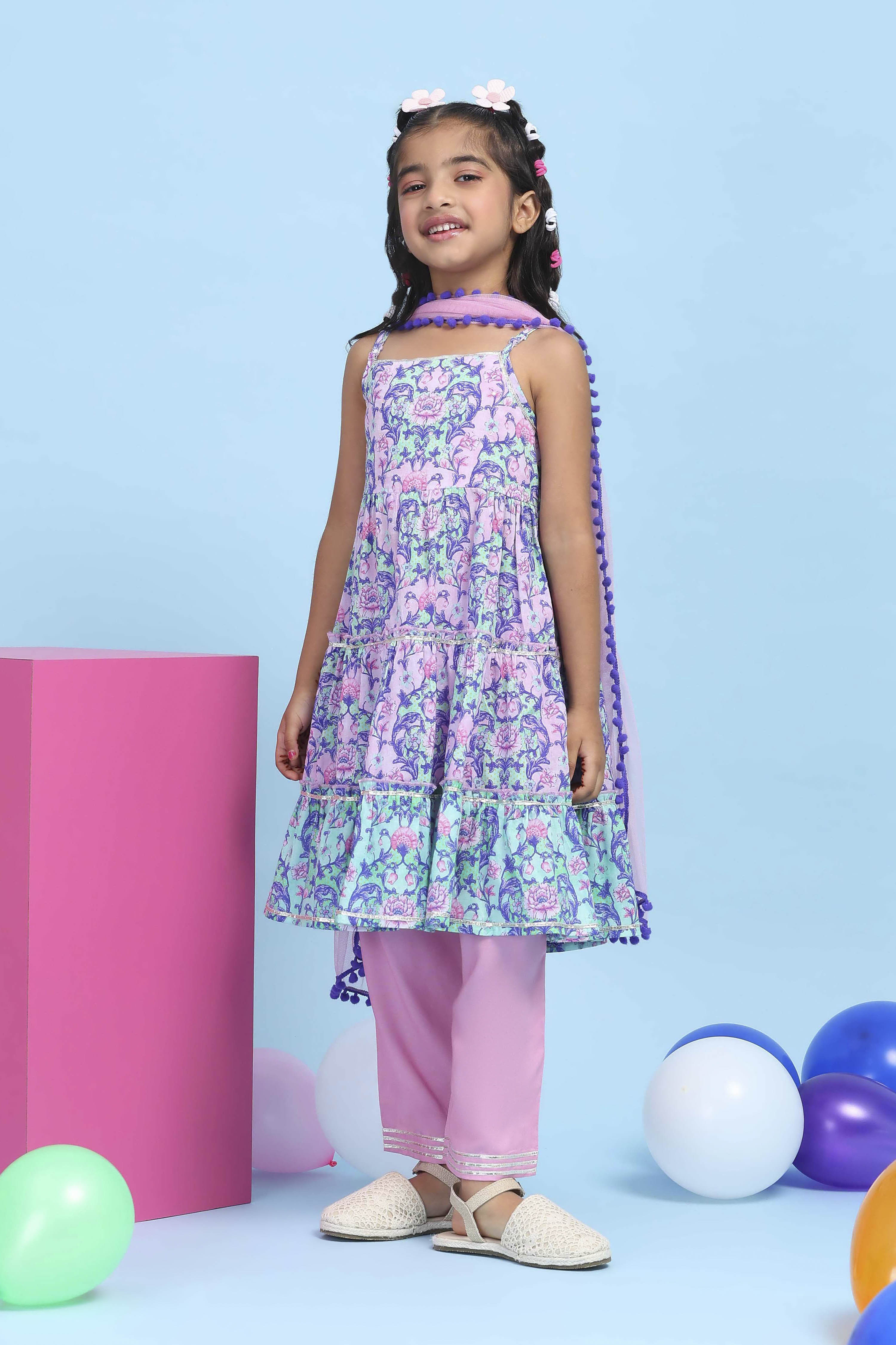Pink Cotton Printed Tiered Suit Set image number 3