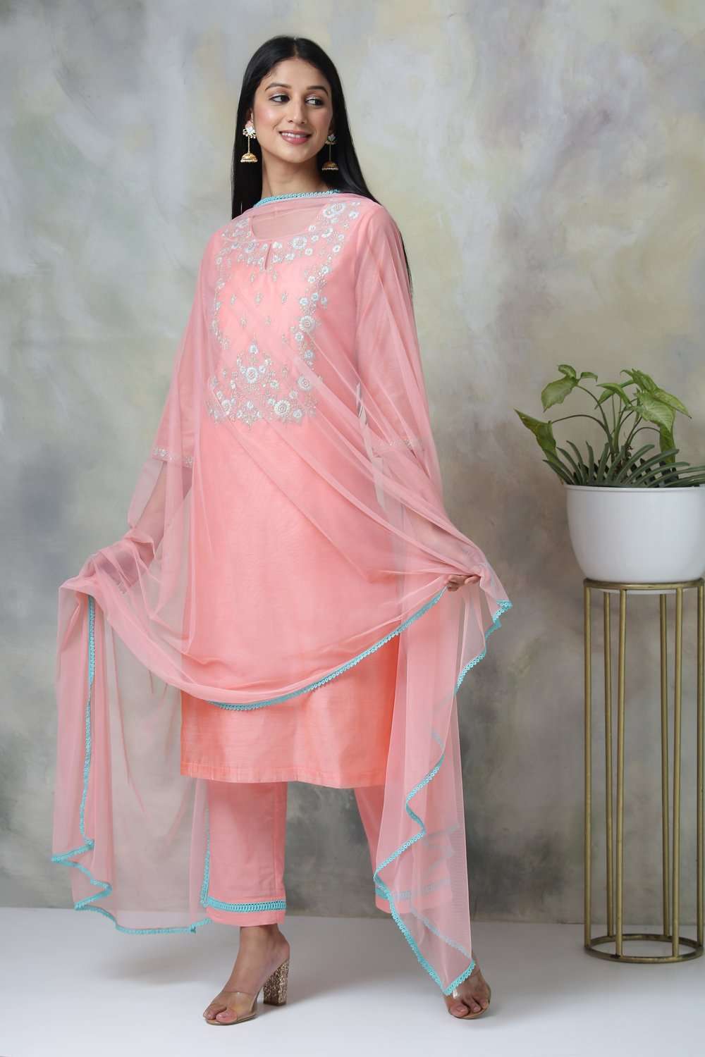 Peach Art Silk A-Line Kurta Regular Pant Suit Set image number 6