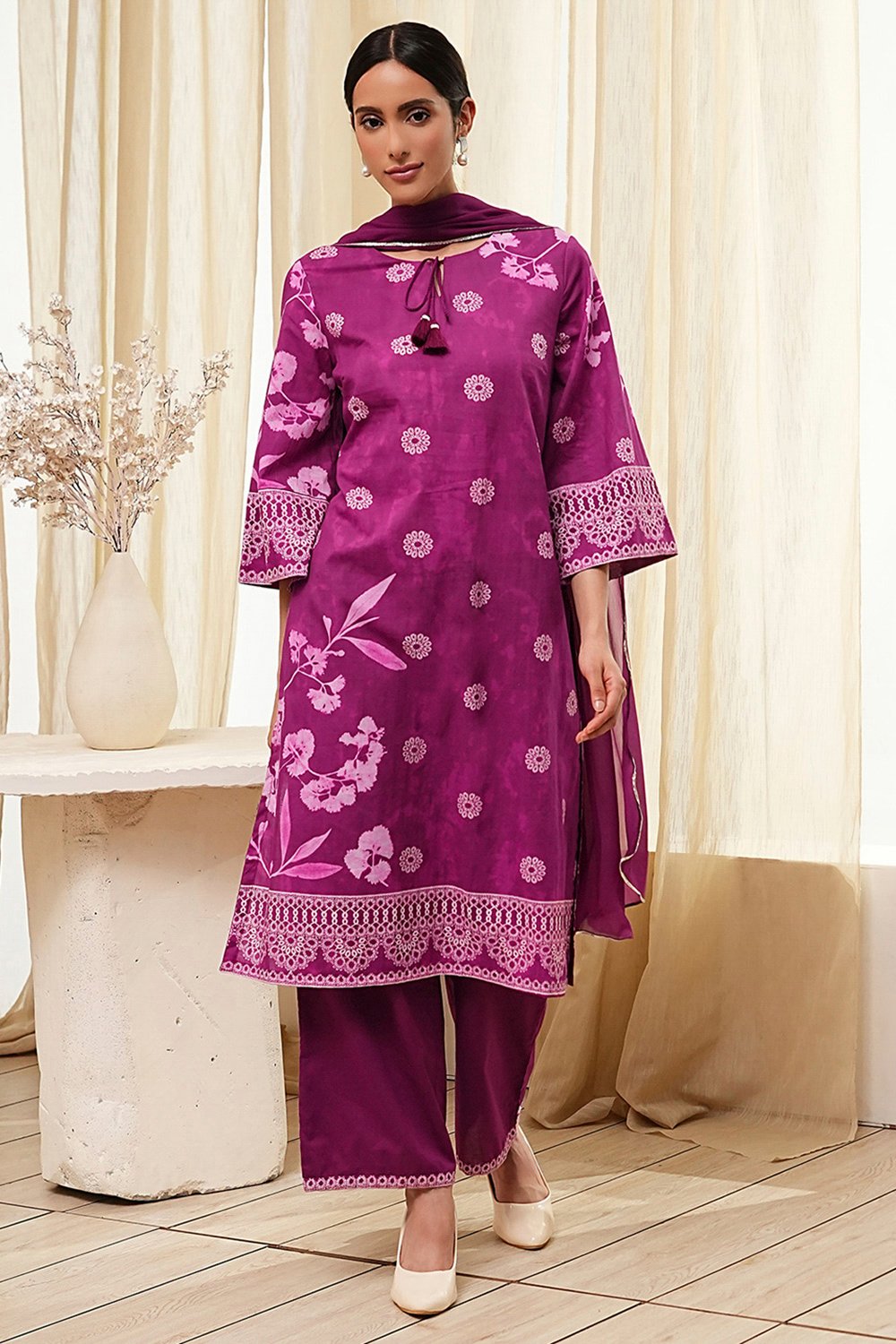 Berry Purple Cotton Straight Suit Set image number 6