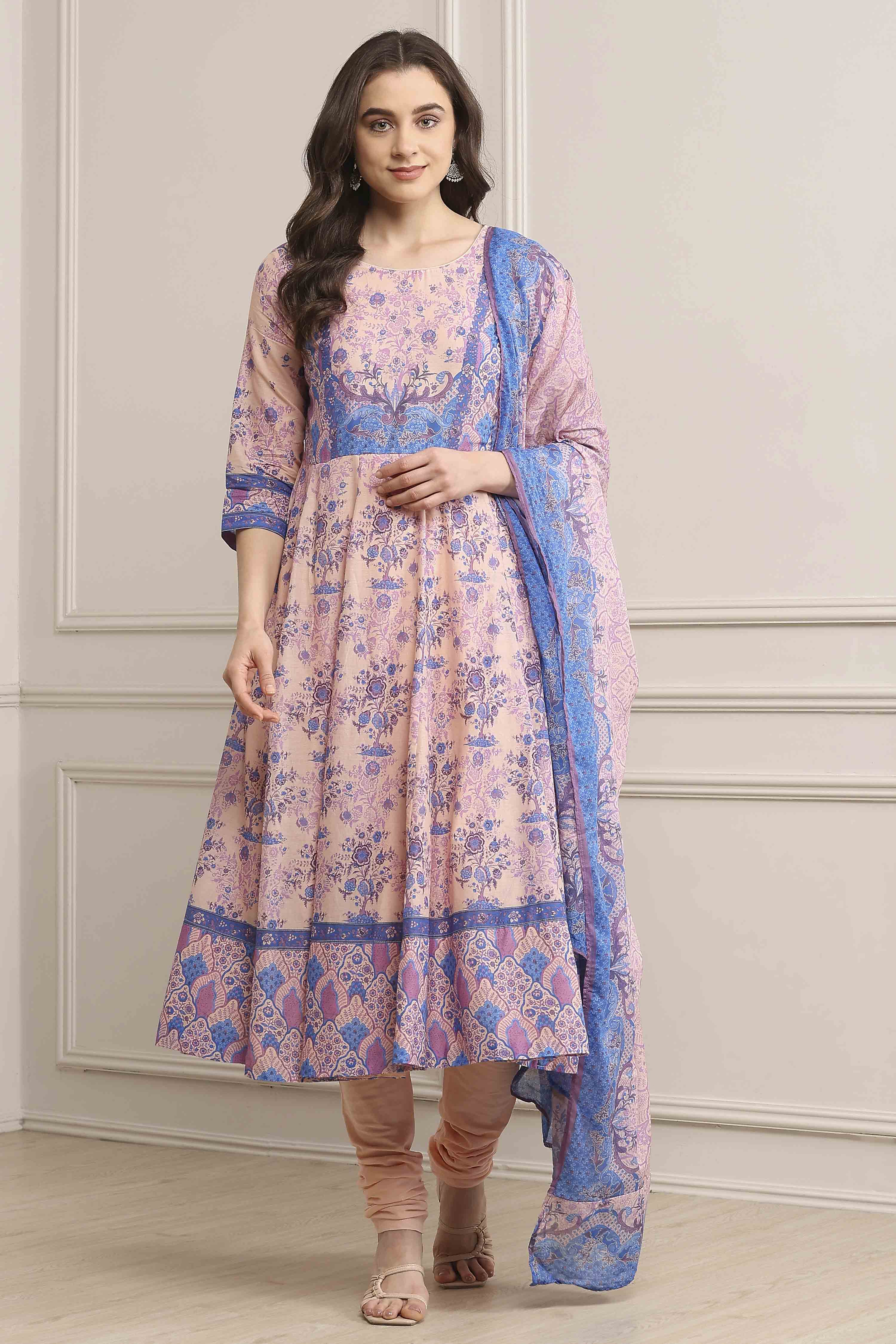 Blue Cotton Printed Anarkali Suit Set image number 0