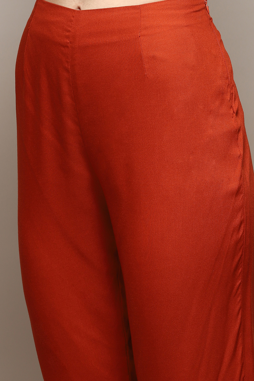 Burnt Orange LIVA Asymmetric Kurta Slim Pant Suit Set image number 2