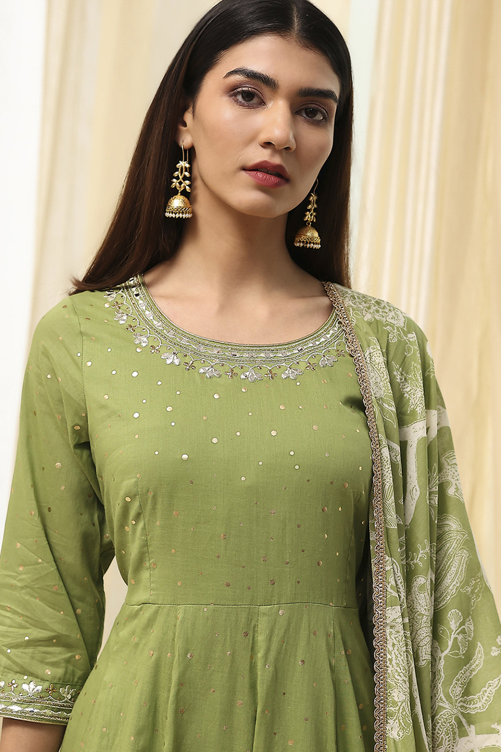 Blue Cotton Foil Printed Anarkali Suit Set image number 1