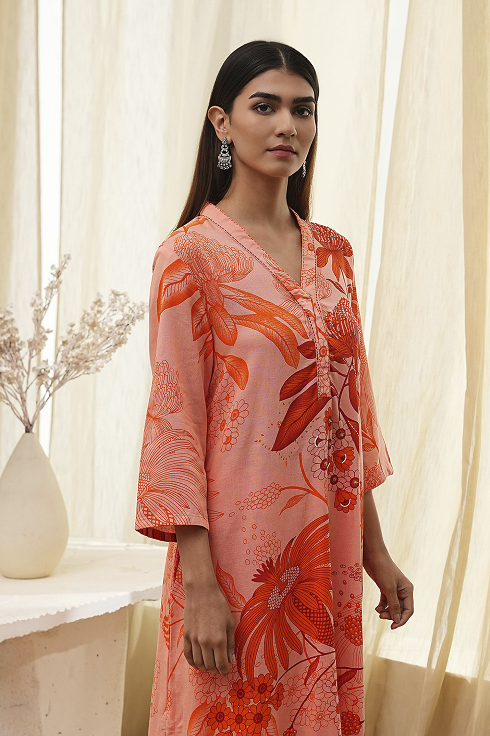 Peach-Colored Floral Straight Kurta Set image number 1