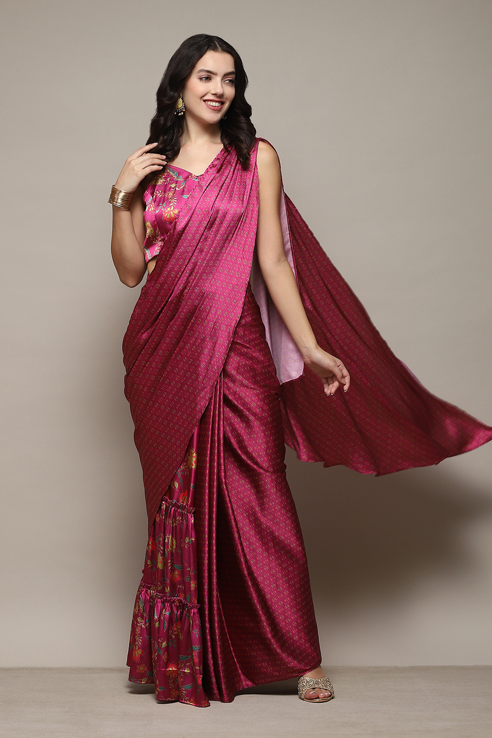 Plum Pre Draped Saree A Stitched Blouse With Floral Prints at Biba India