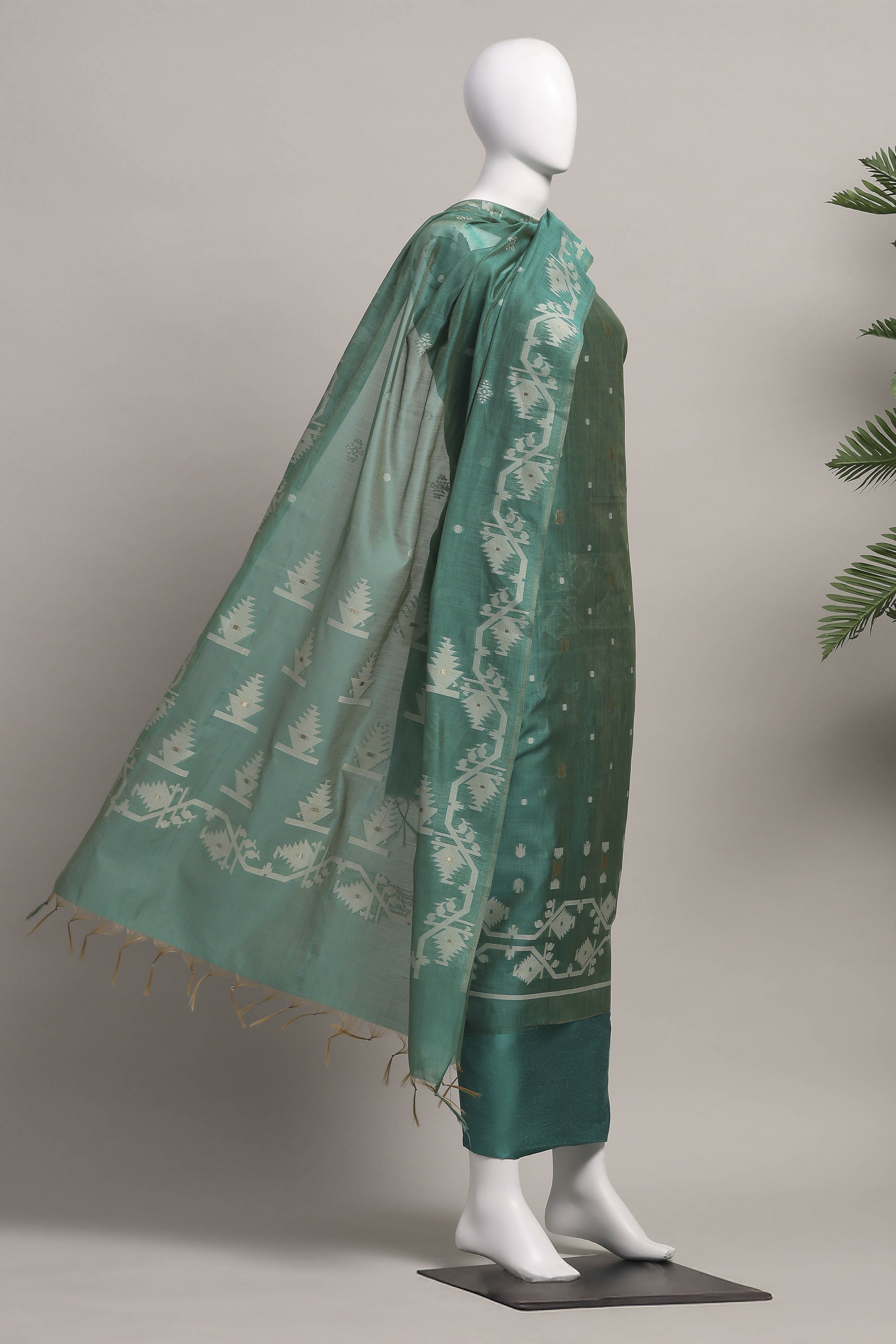 Rust Cotton Jamdani Unstitched Suit Set image number 4