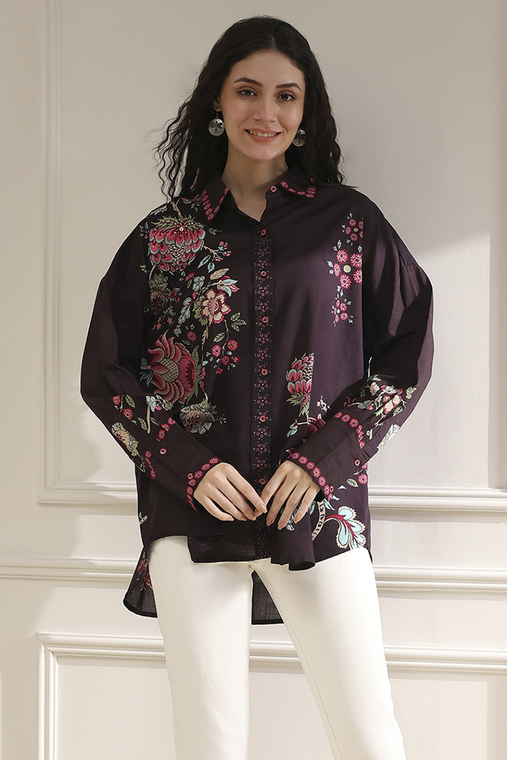 Brown Cotton Floral Printed Shirt image number 5