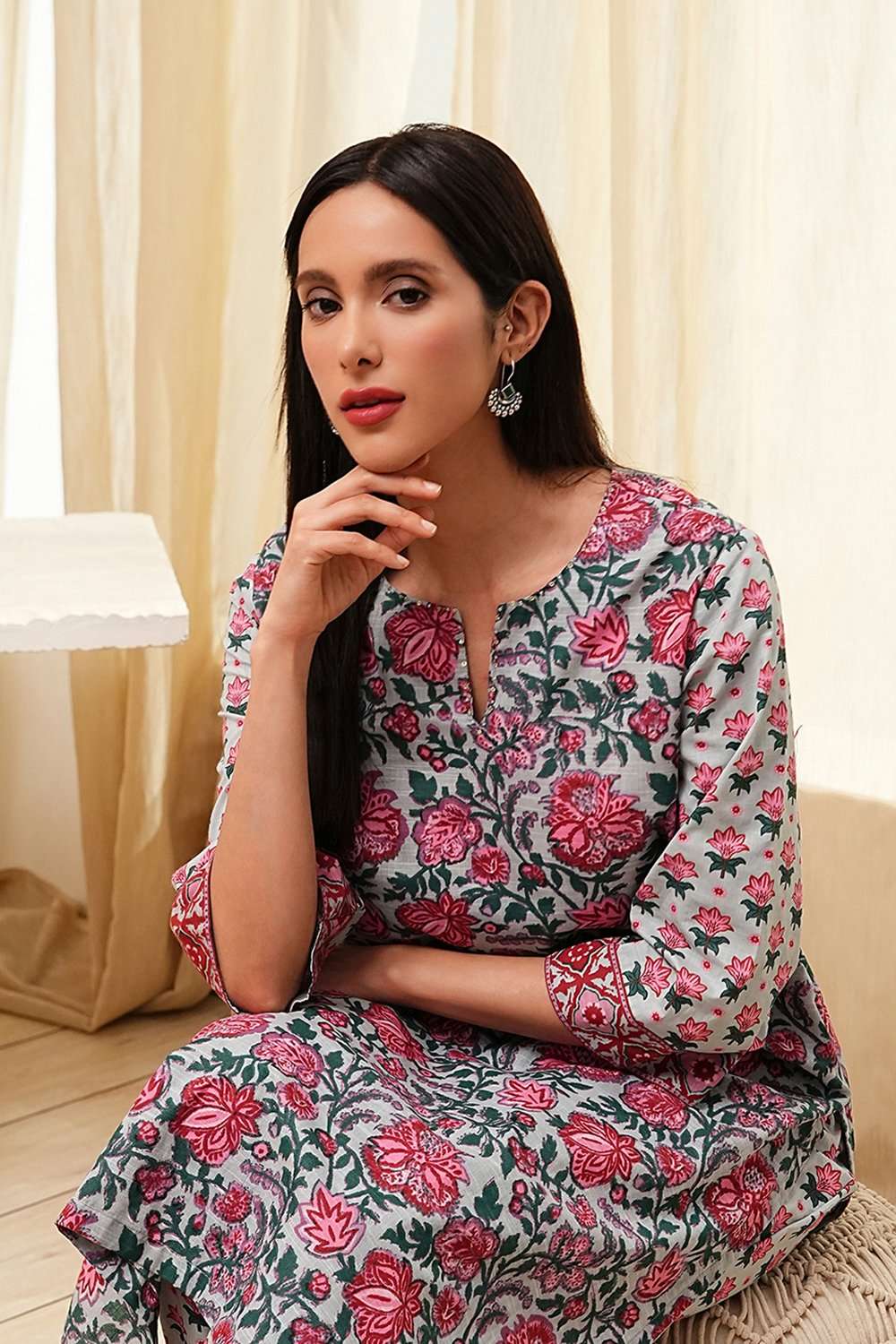 Blue and Pink Cotton Printed Straight Kurta Set image number 8