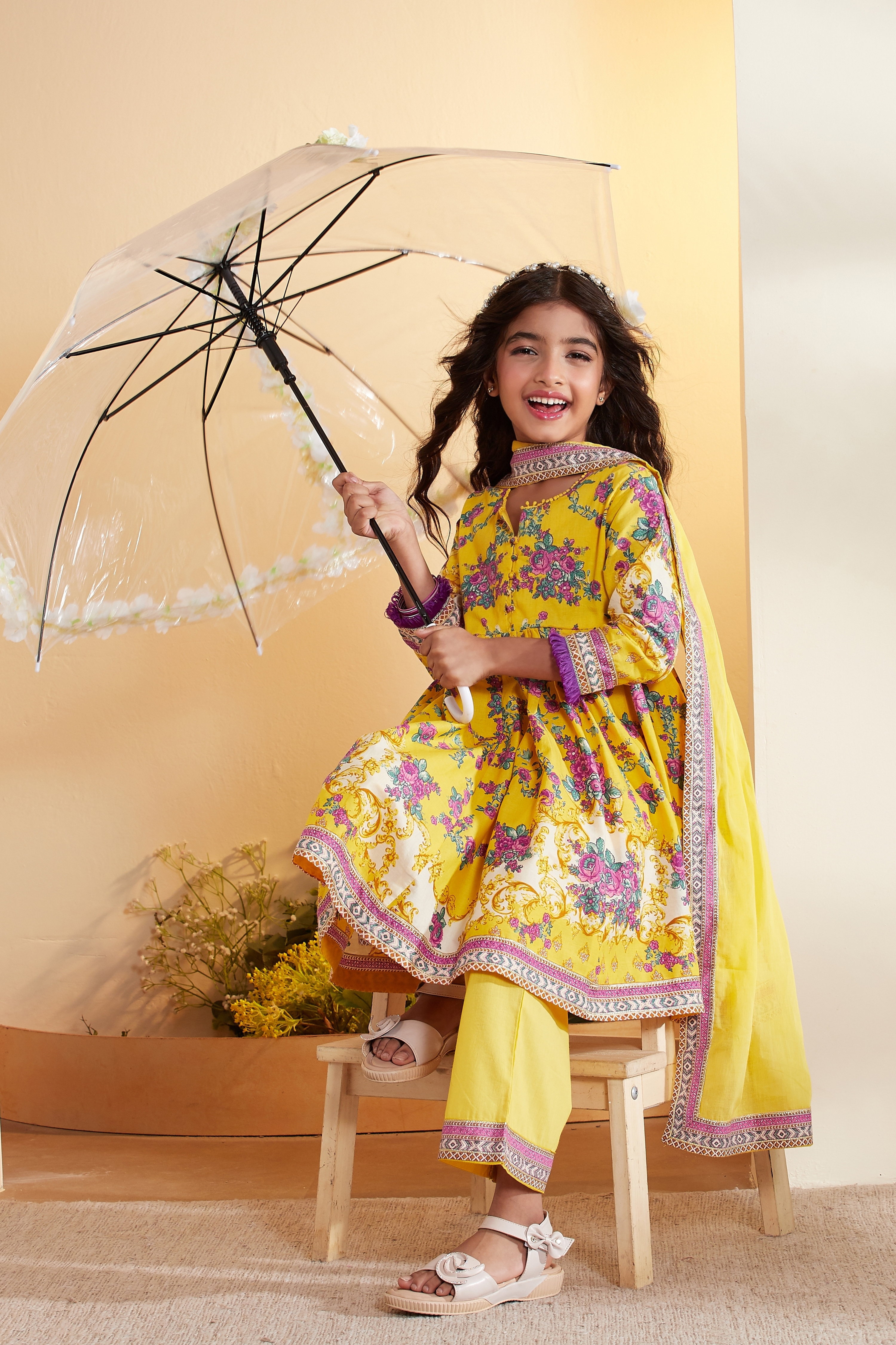 Yellow Cotton Floral Printed Anarkali Kurta Set image number 0