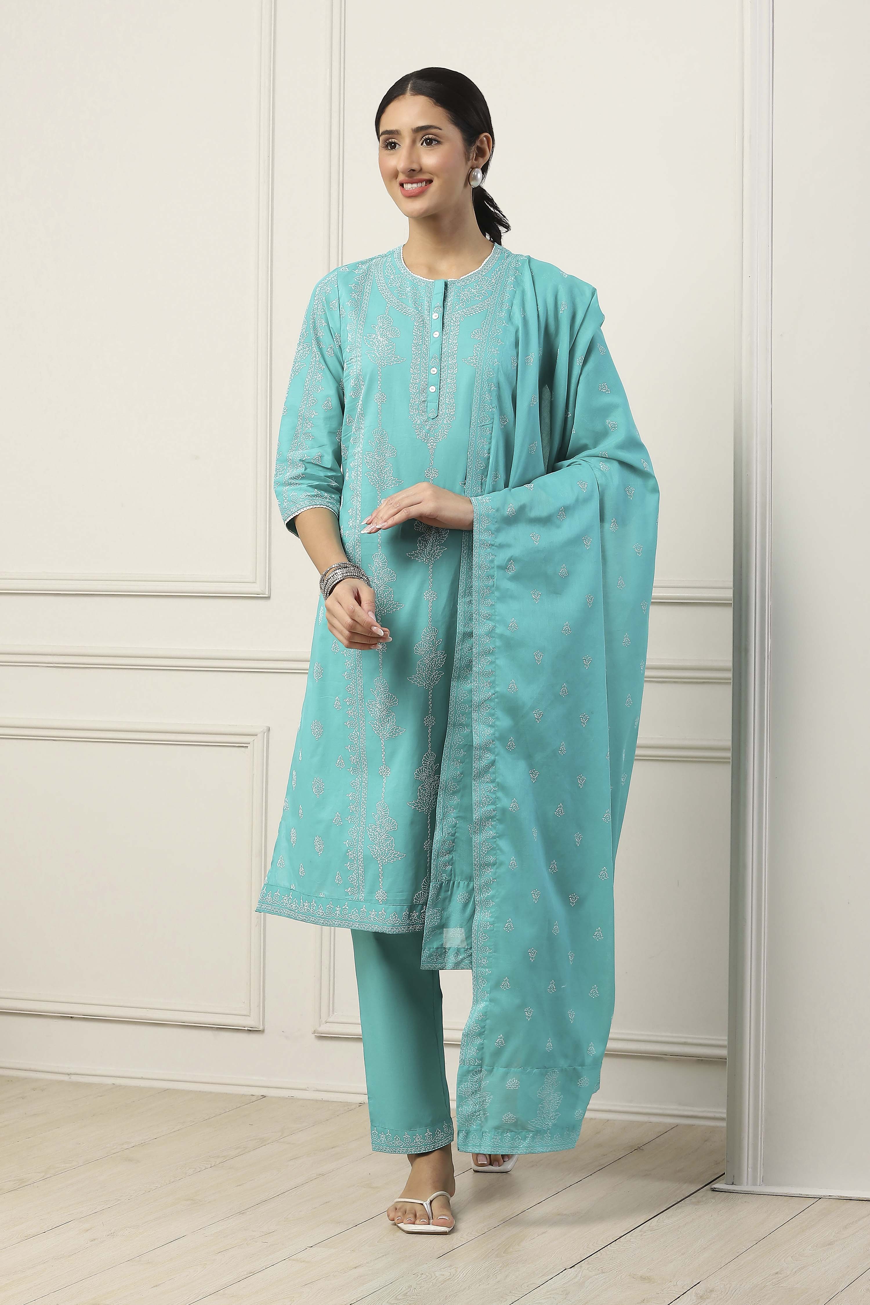 Turquoise Blue Cotton Ethnic Motif Printed Straight Suit Set image number 0