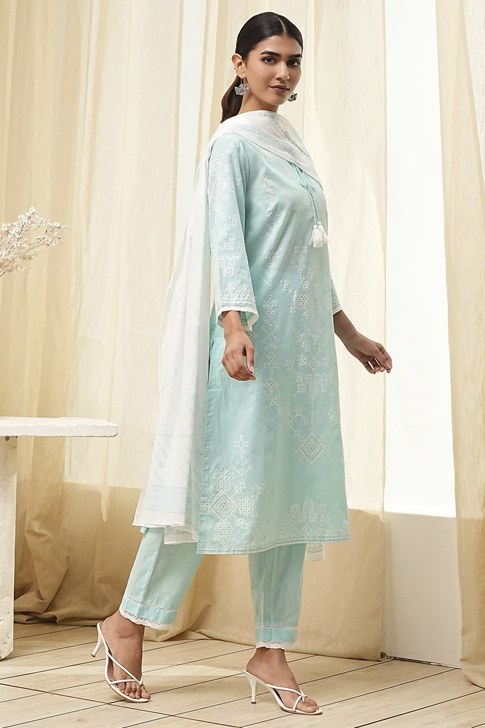 Aqua Cotton Printed Straight Suit Set image number 5