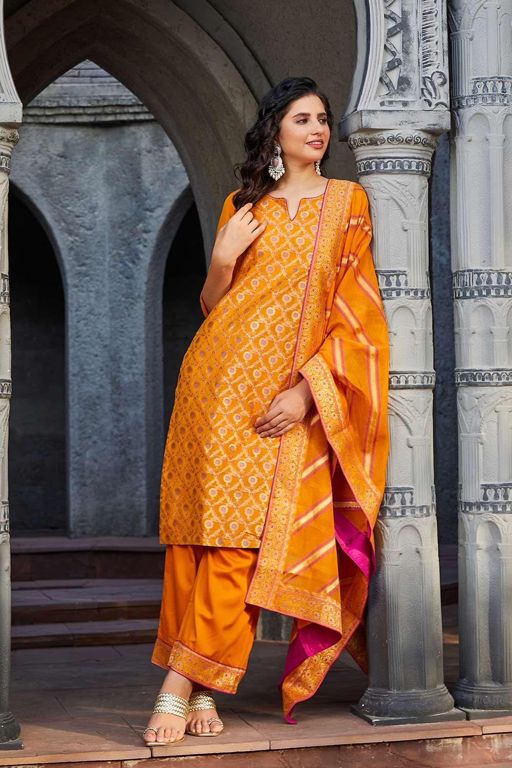 Mustard Cotton Blend Straight Yarndyed Kurta Palazzo Suit Set at Biba India