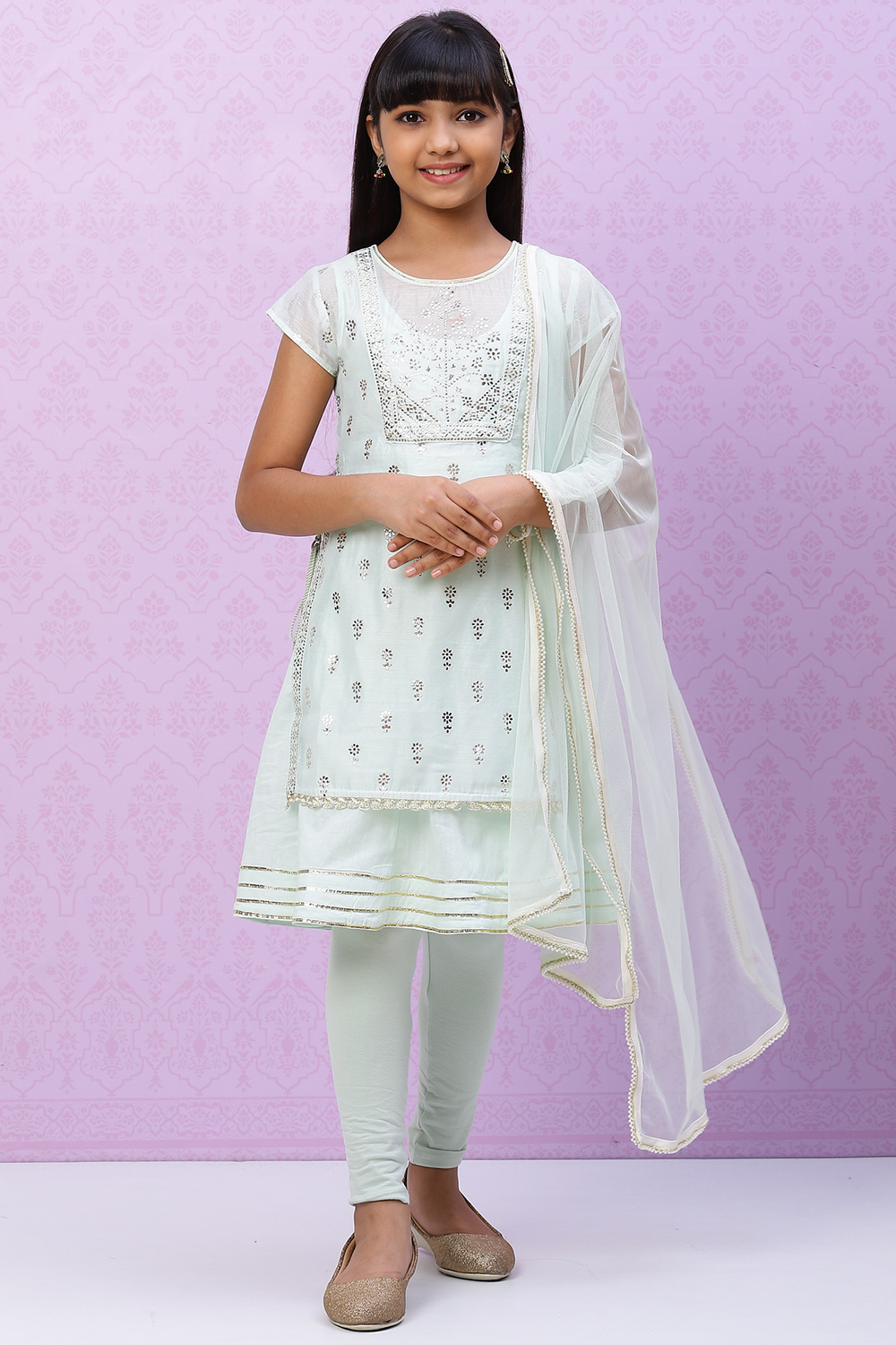 Light Blue Art Silk Girls Flared Kurta Churidar Suit Set image number 0