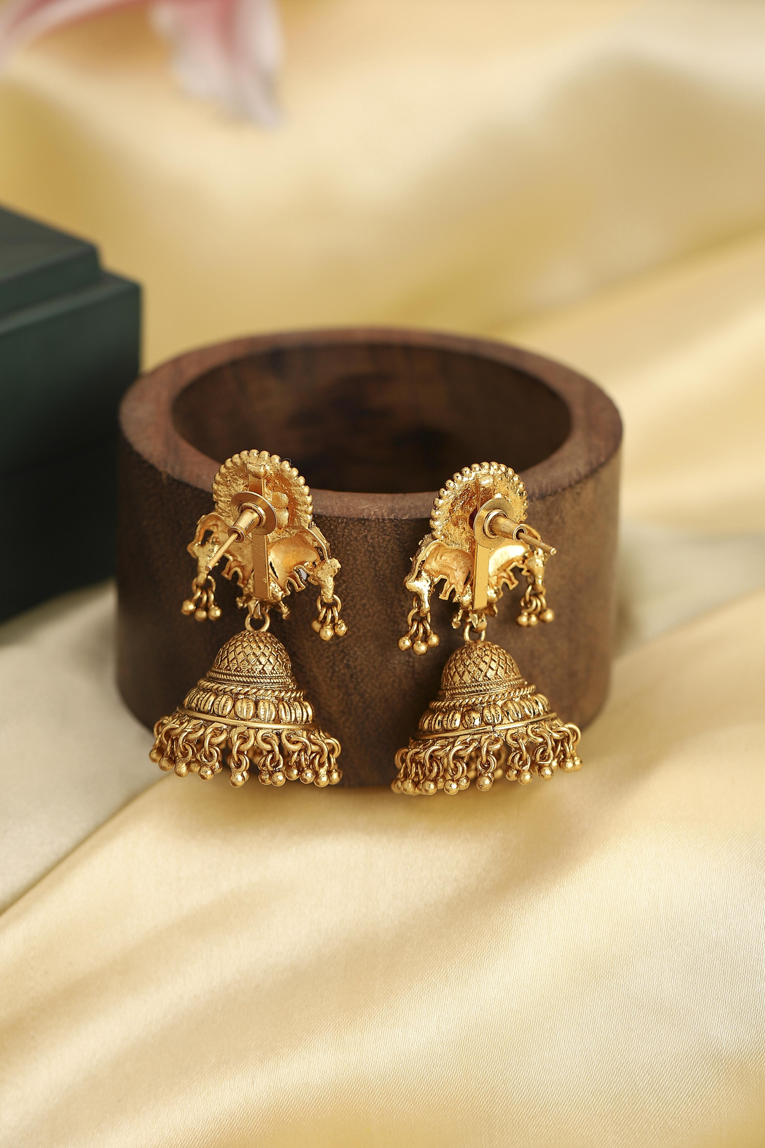Gold Plated Brass Minimal Stone Studded Jhumkas image number 2