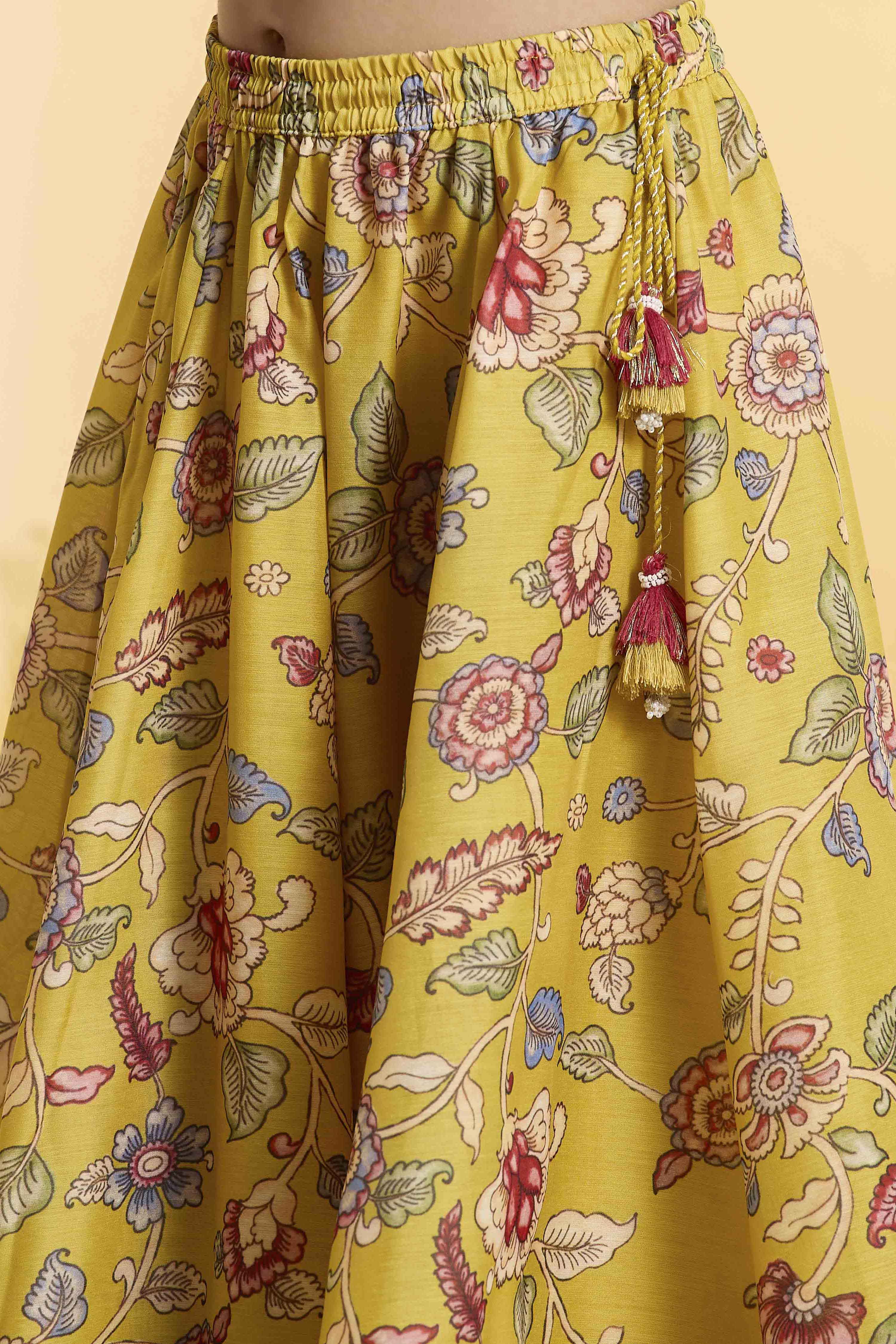 Mustard Yellow Floral Flared Lehenga Set image number 2