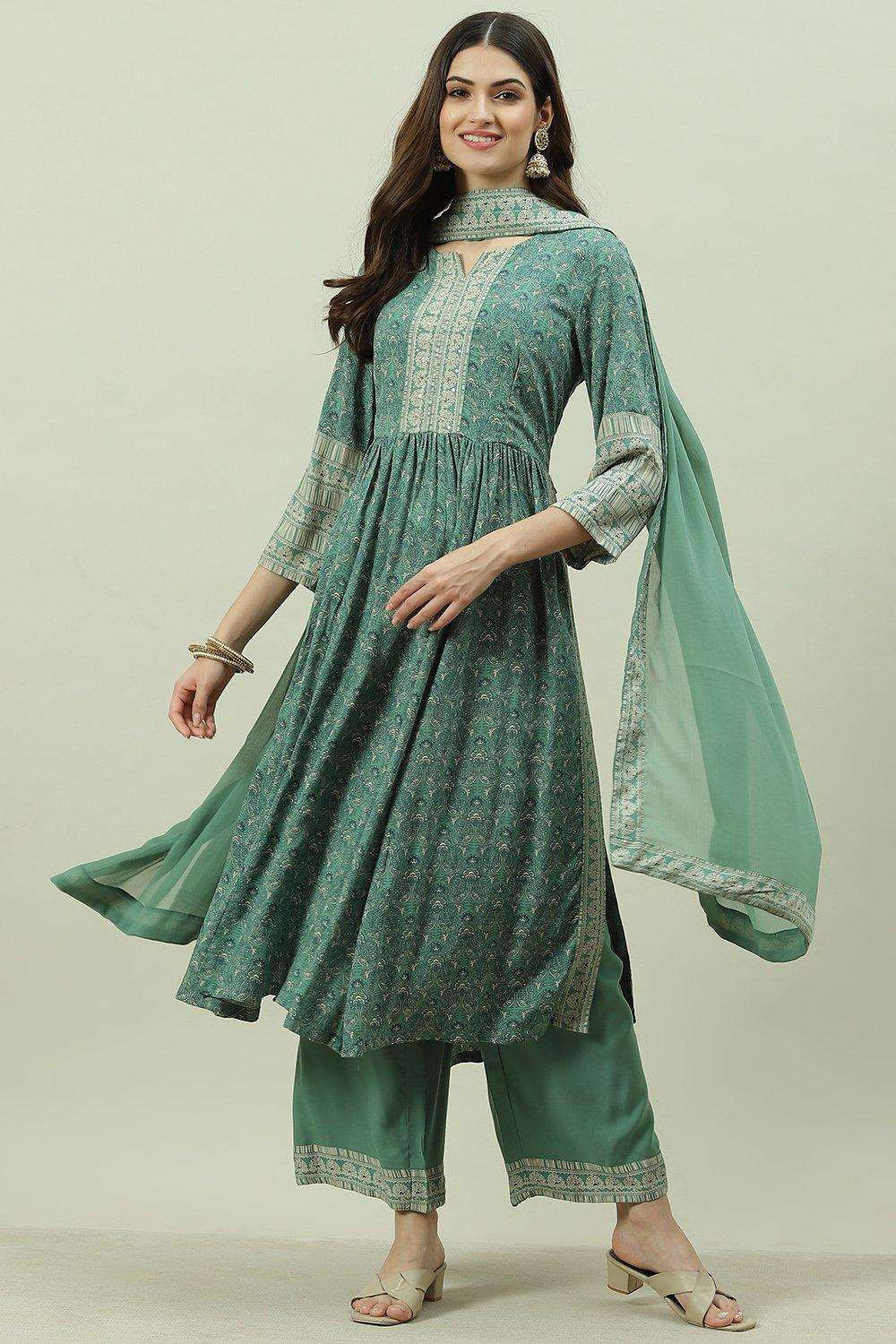 Sage Green Rayon Gathered Kurta Palazzo Suit Set image number 1