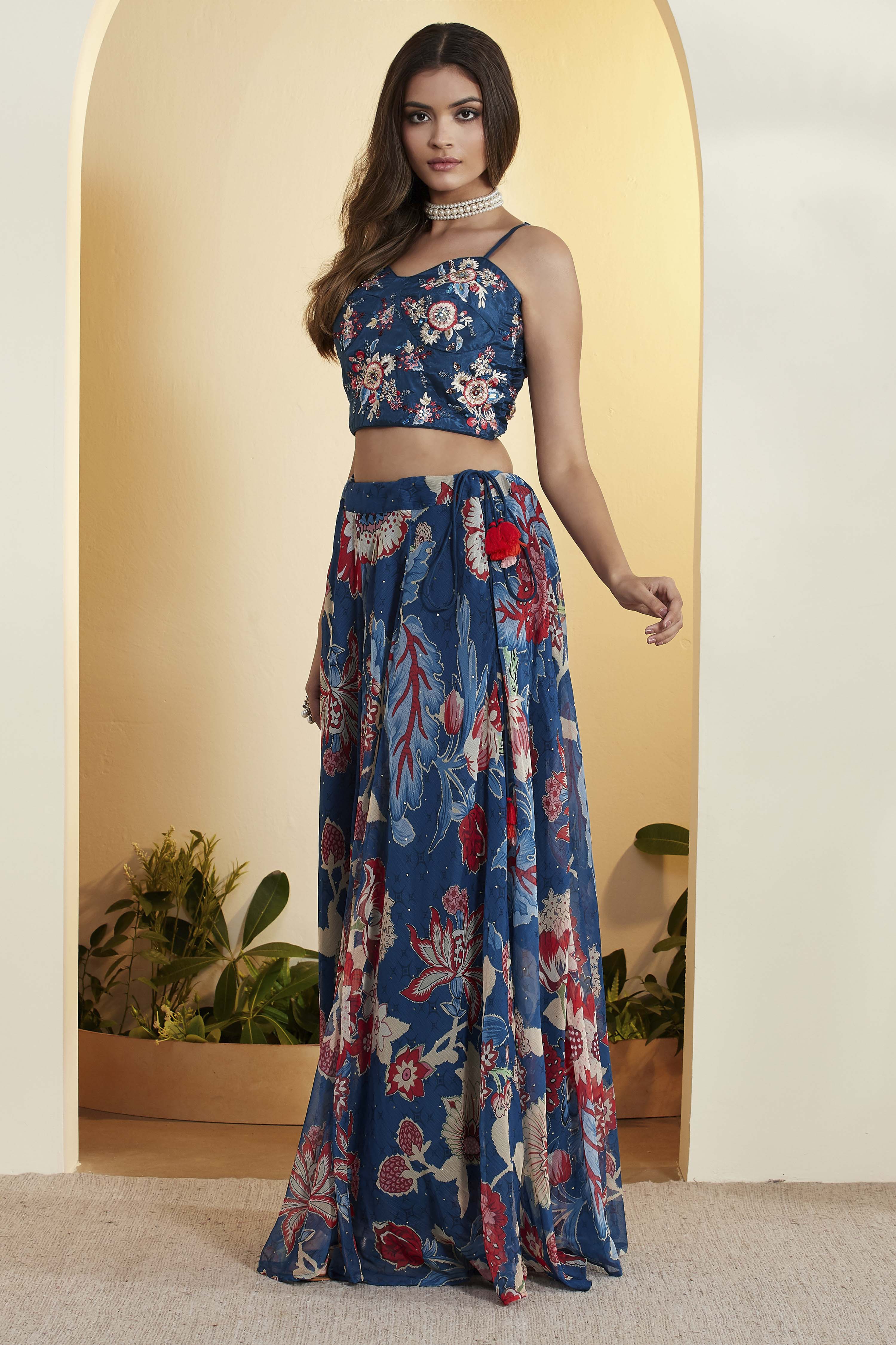 Blue Viscose Rayon Printed Lehenga Set image number 9