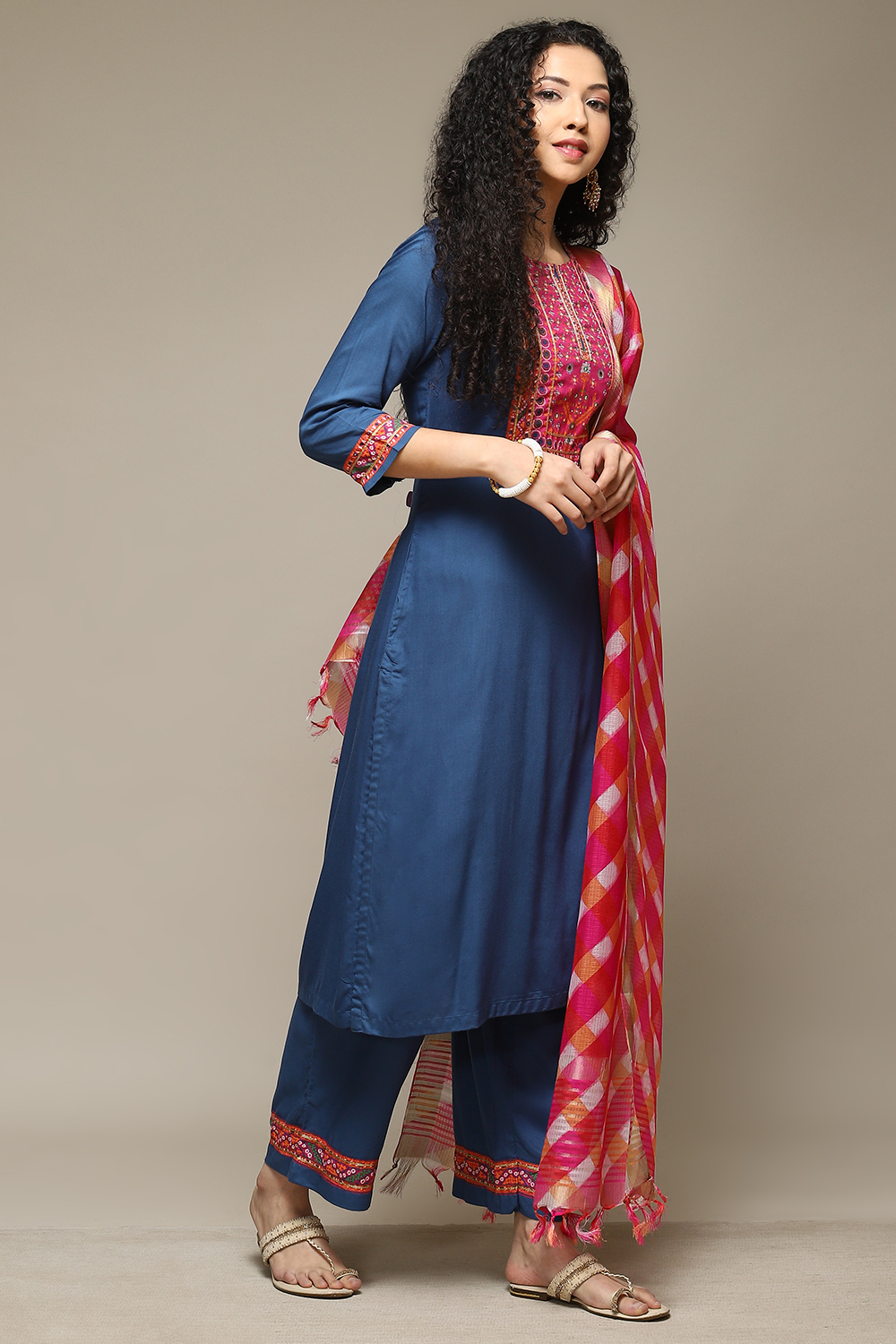 Off White & Blue Rayon Straight Kurta Palazzo Suit Set image number 6